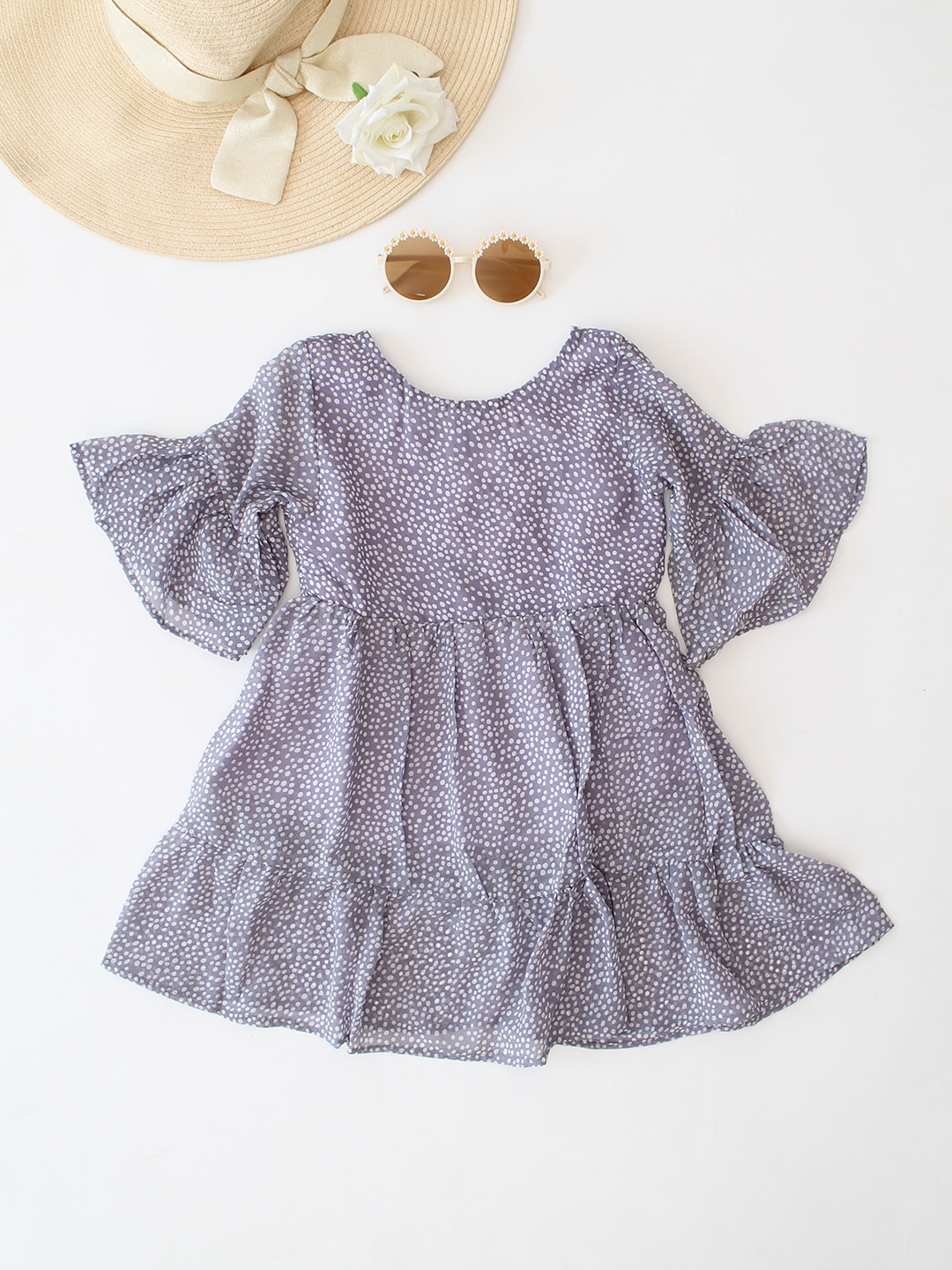 Qvink Polka Dot Printed Frill Sleeves Dress - Grey