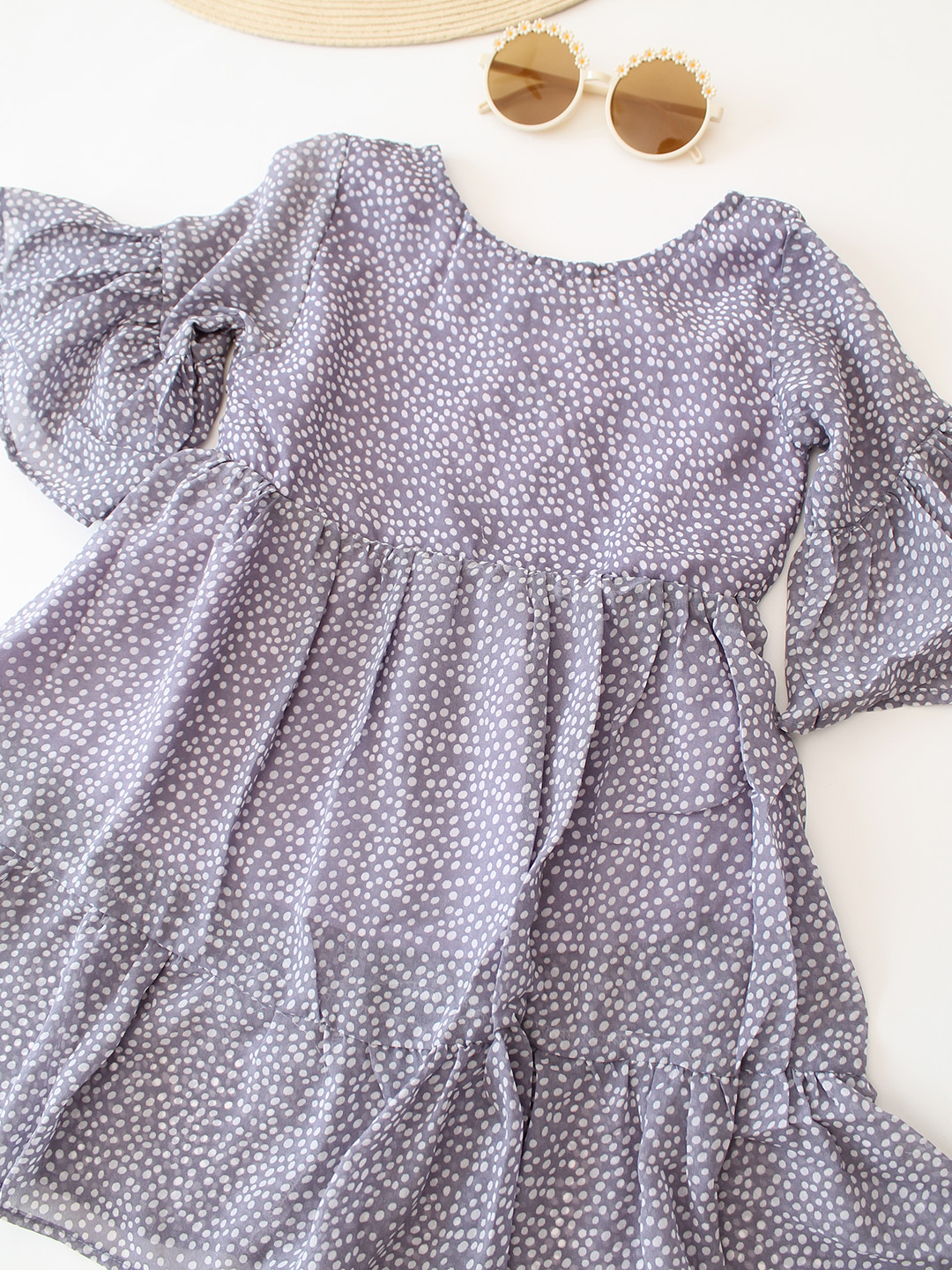 Qvink Polka Dot Printed Frill Sleeves Dress - Grey