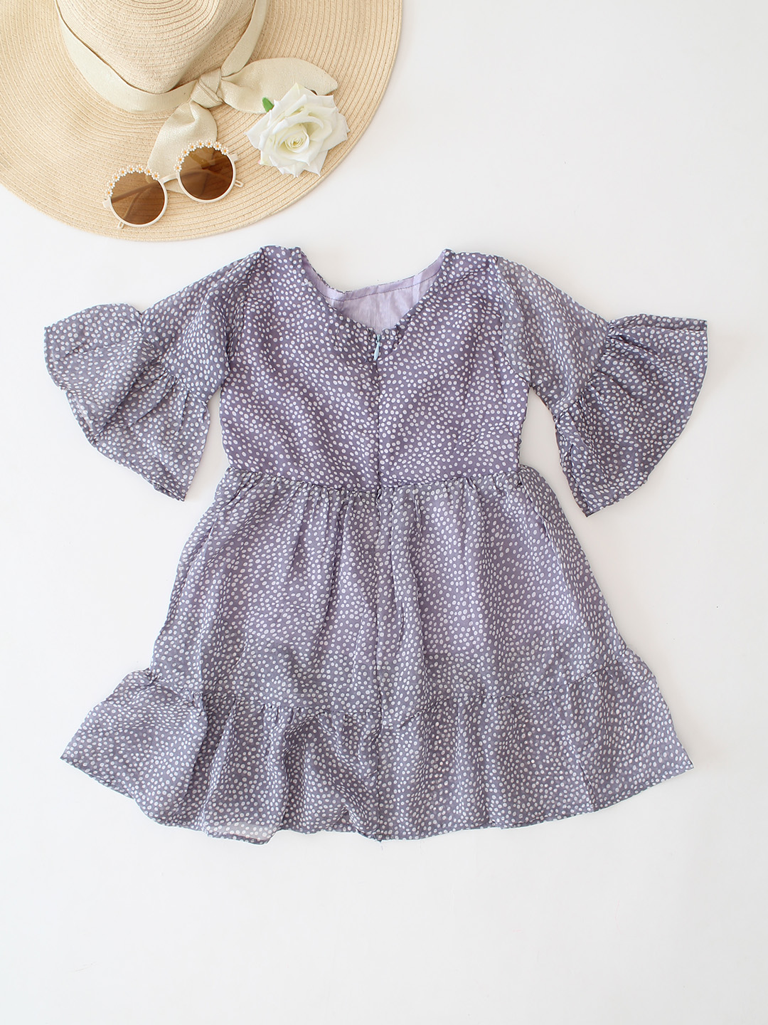 Qvink Polka Dot Printed Frill Sleeves Dress - Grey