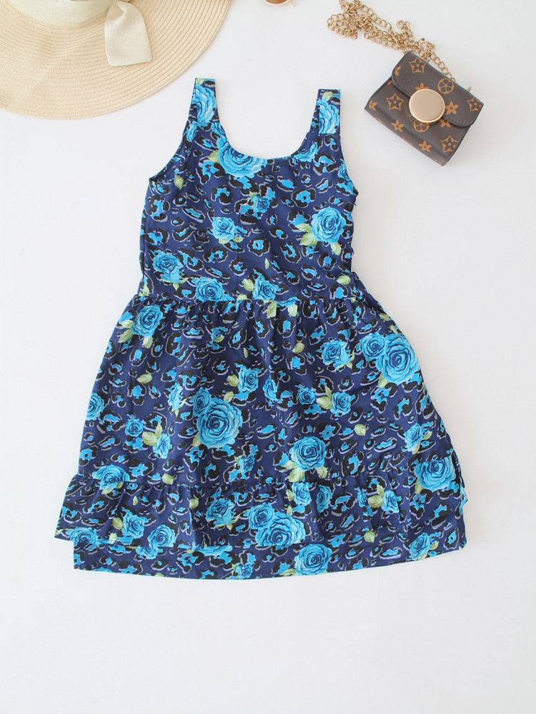 Image of Qvink Cotton Rose Printed Sleeveless Dress - Blue