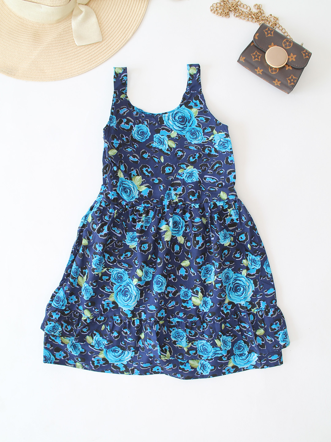 Qvink Cotton Rose Printed Sleeveless Dress - Blue
