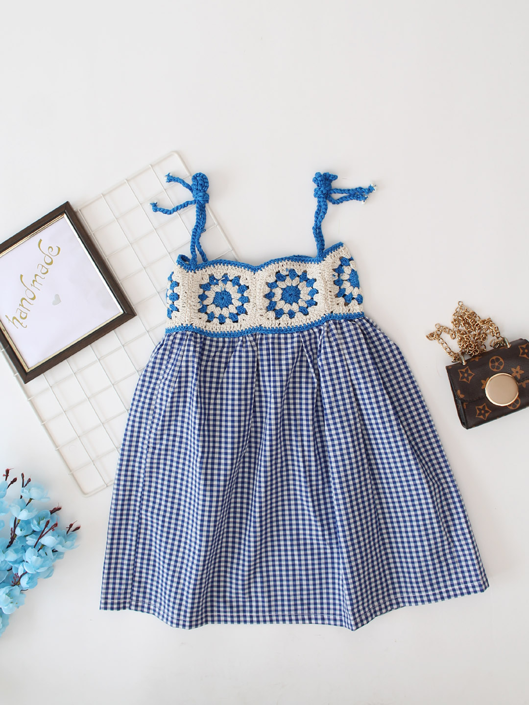 Qvink Checked Sleeveless Crochet Detailing Summer Dress - Blue