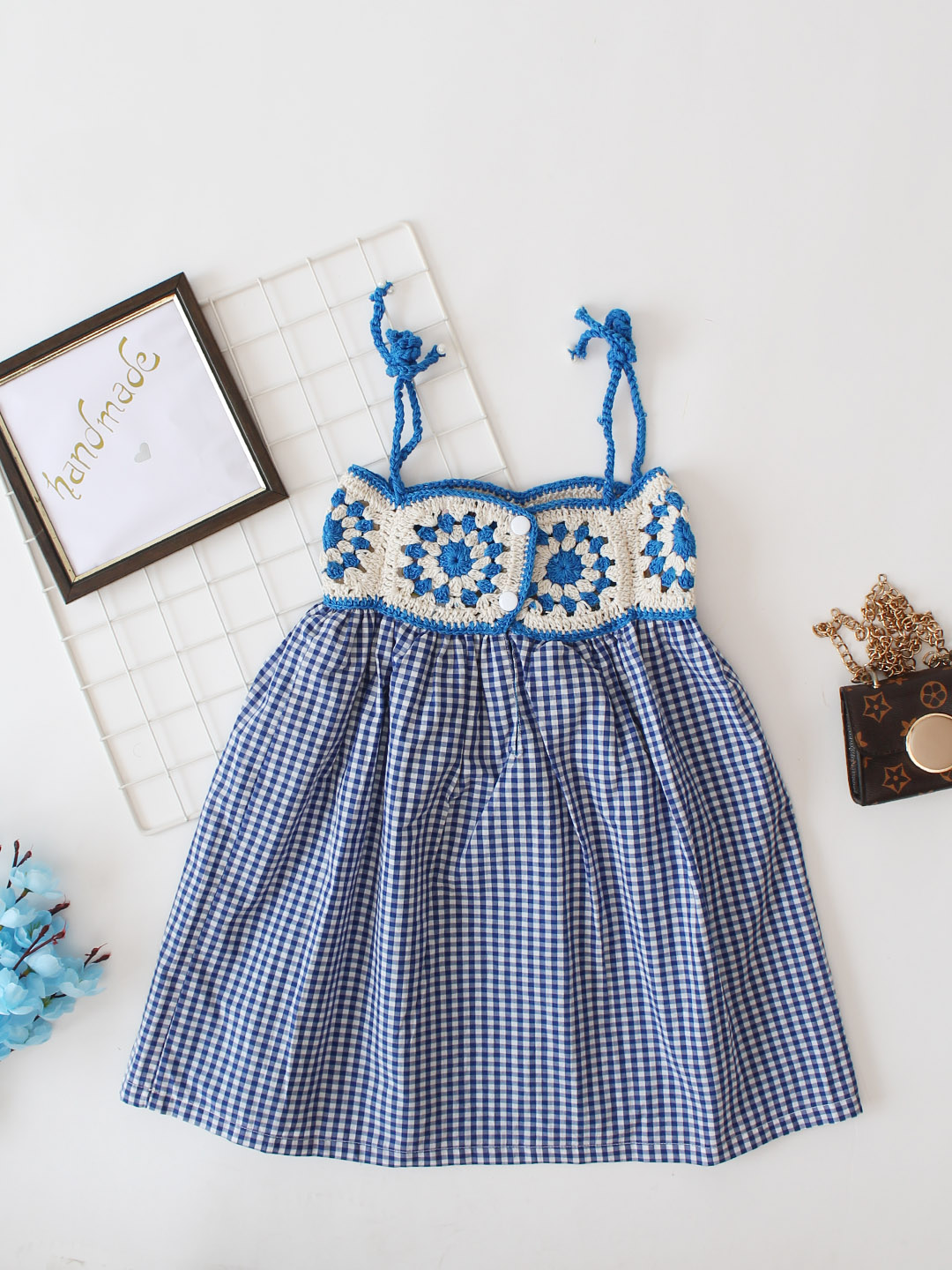 Qvink Checked Sleeveless Crochet Detailing Summer Dress - Blue