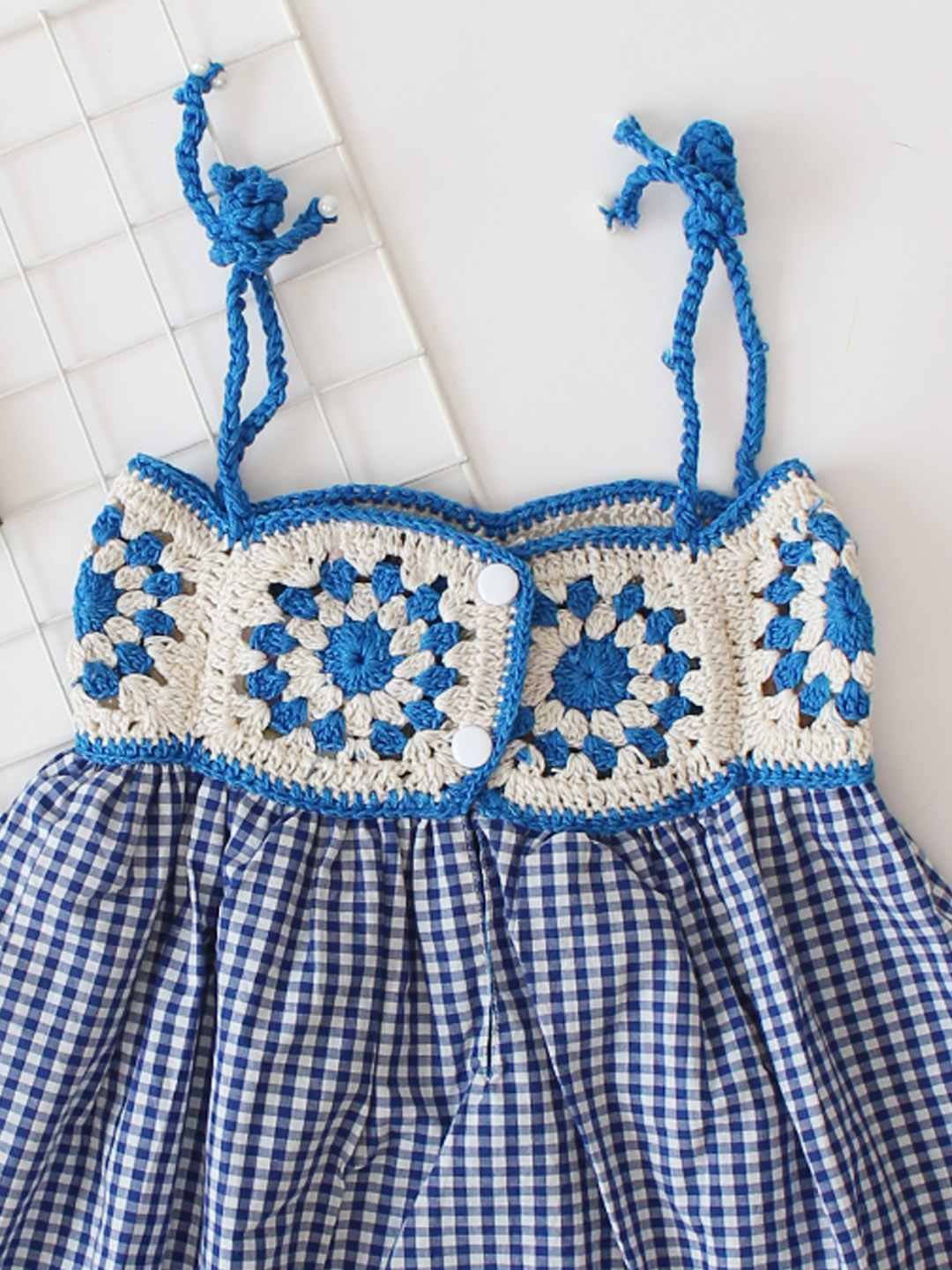 Qvink Checked Sleeveless Crochet Detailing Summer Dress - Blue