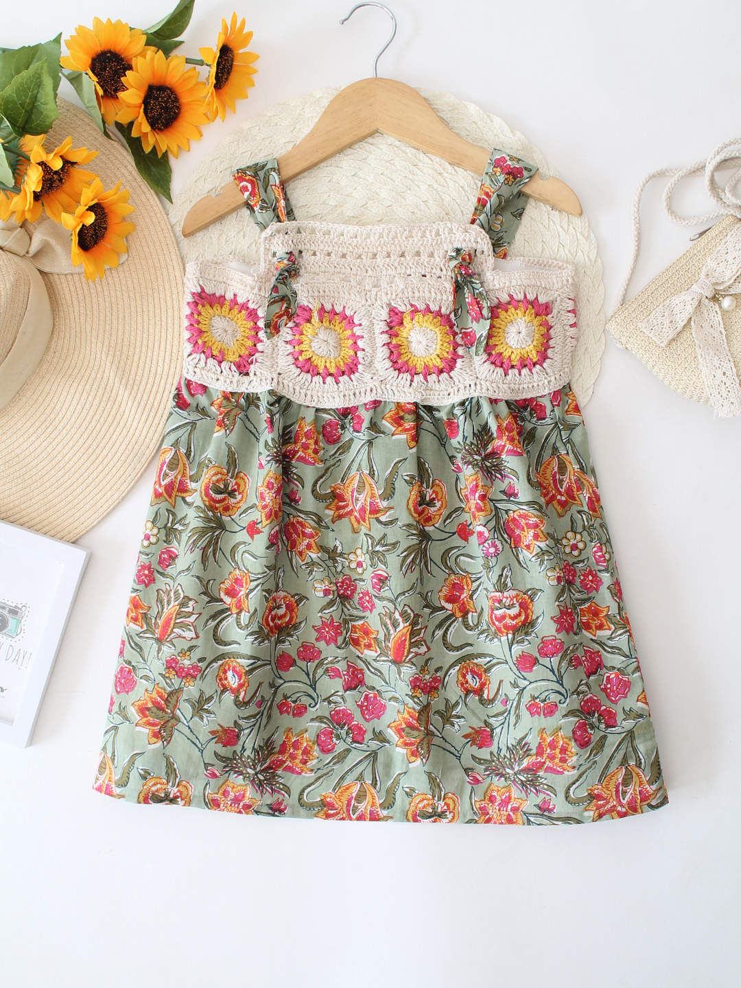 Qvink Crochet Floral Printed Summer Dress - Multicolor