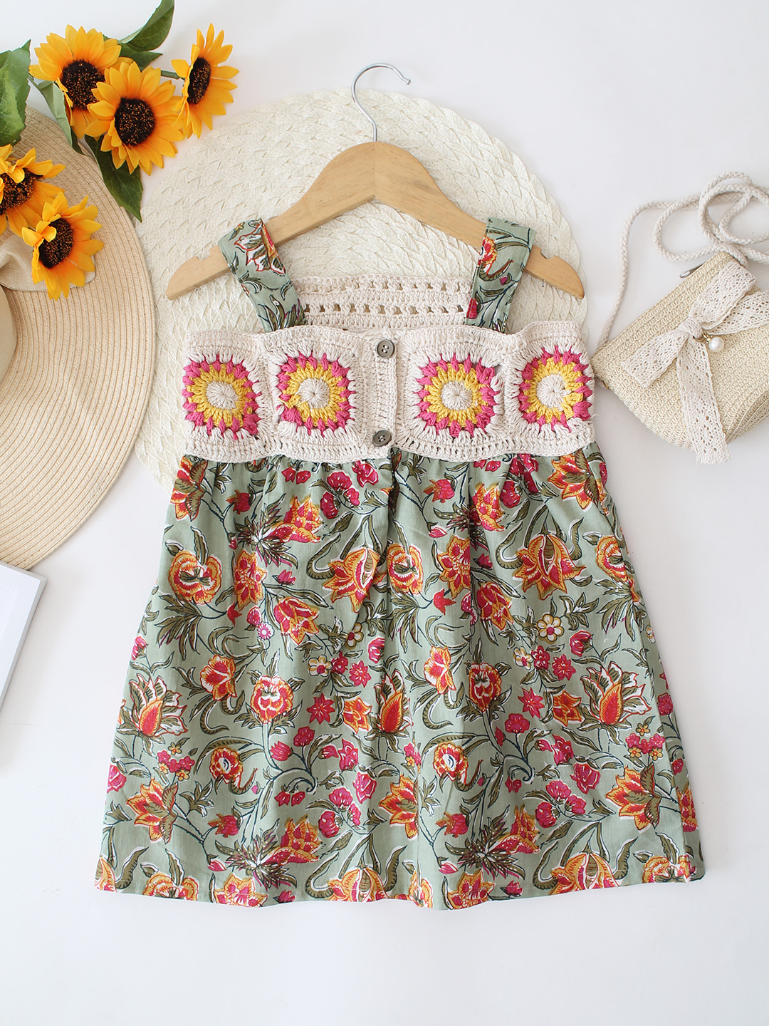 Qvink Crochet Floral Printed Summer Dress  Multicolor