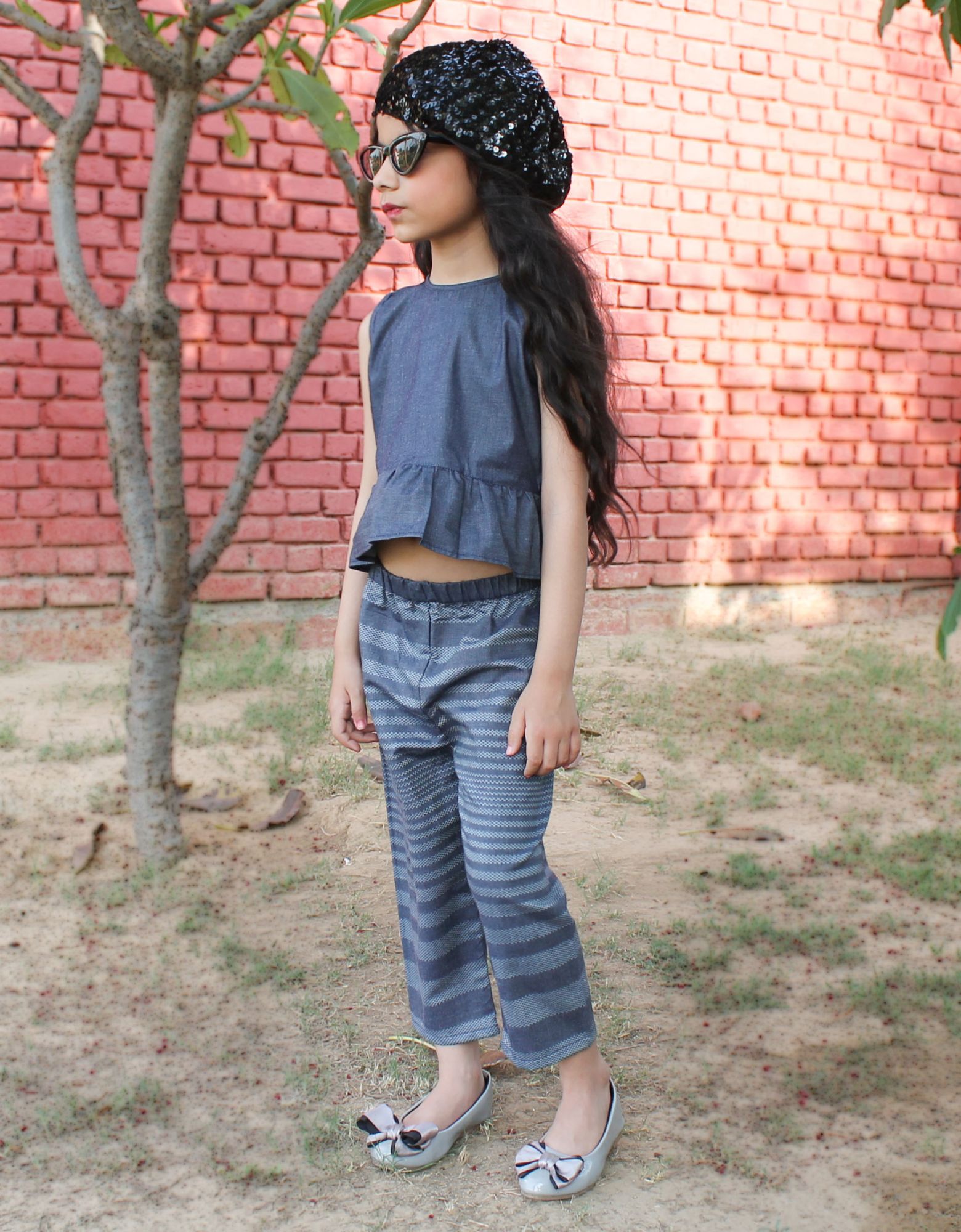 Qvink Denim Frill Top with Striped Bottom-Blue