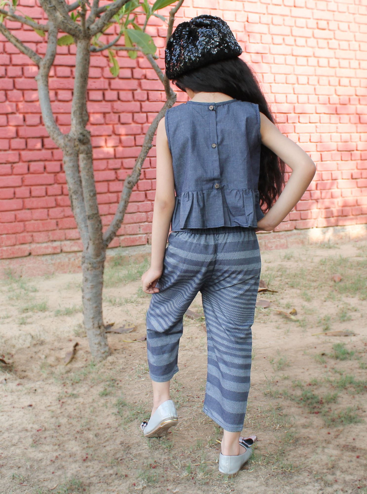 Qvink Denim Frill Top with Striped Bottom-Blue