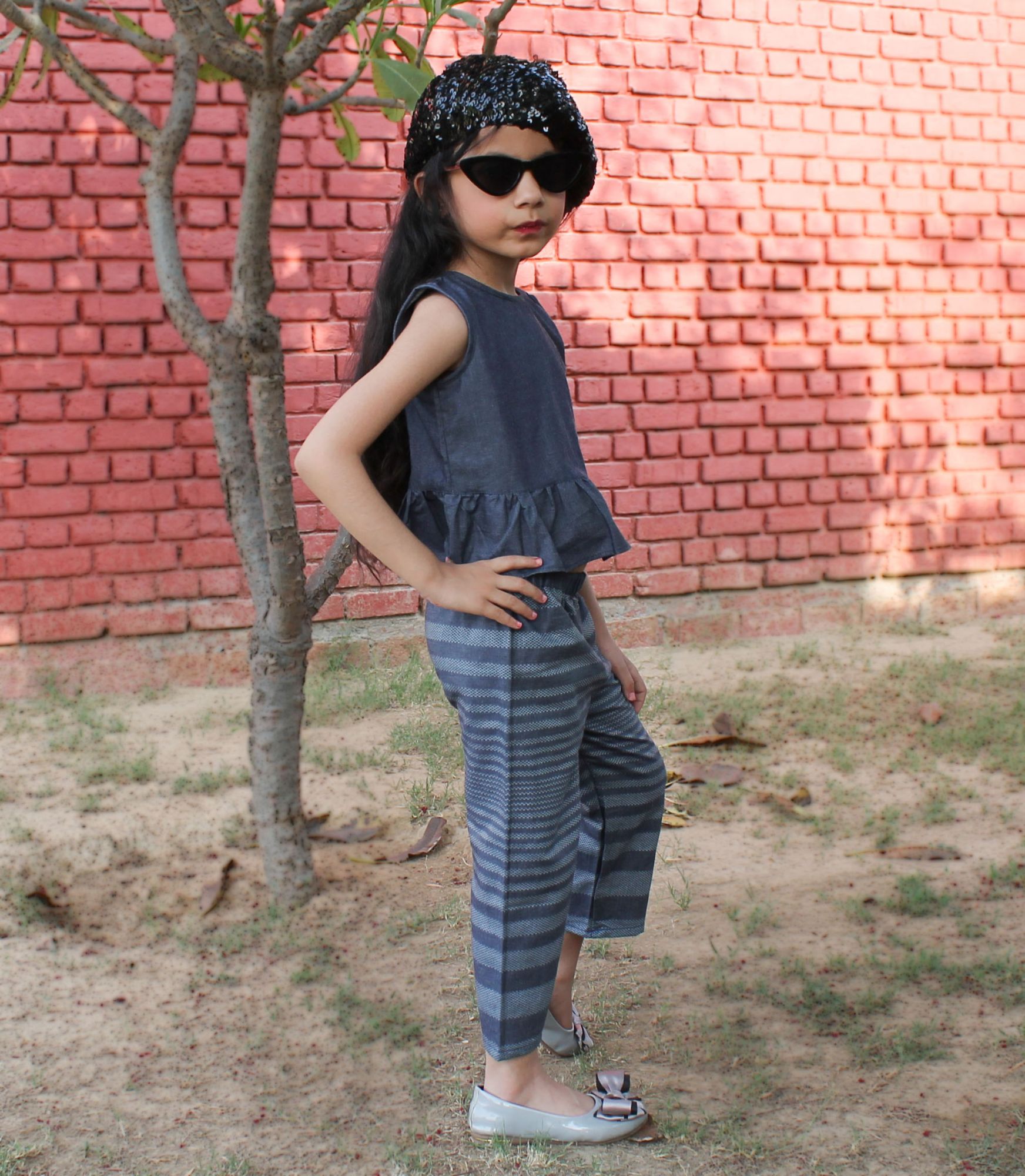 Qvink Denim Frill Top with Striped Bottom-Blue