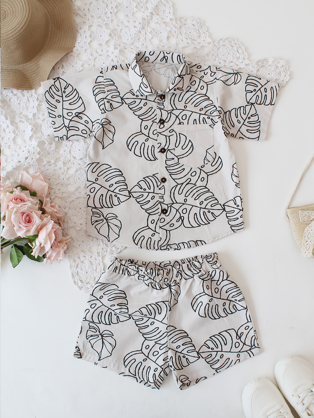 Qvink Leaf Printed Co-ord Set- White