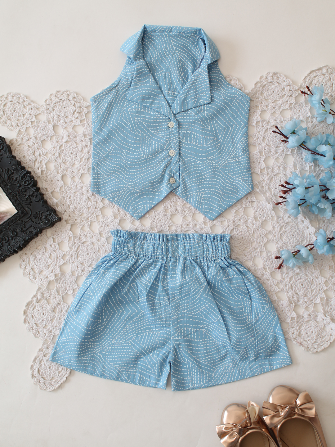 Qvink Cotton Sleeveless Printed Co-ord Set - Sky Blue