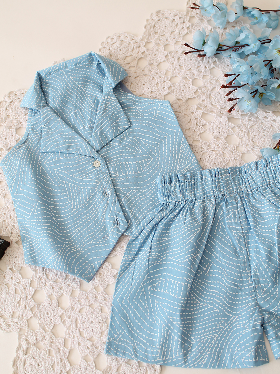 Qvink Cotton Sleeveless Printed Co-ord Set - Sky Blue