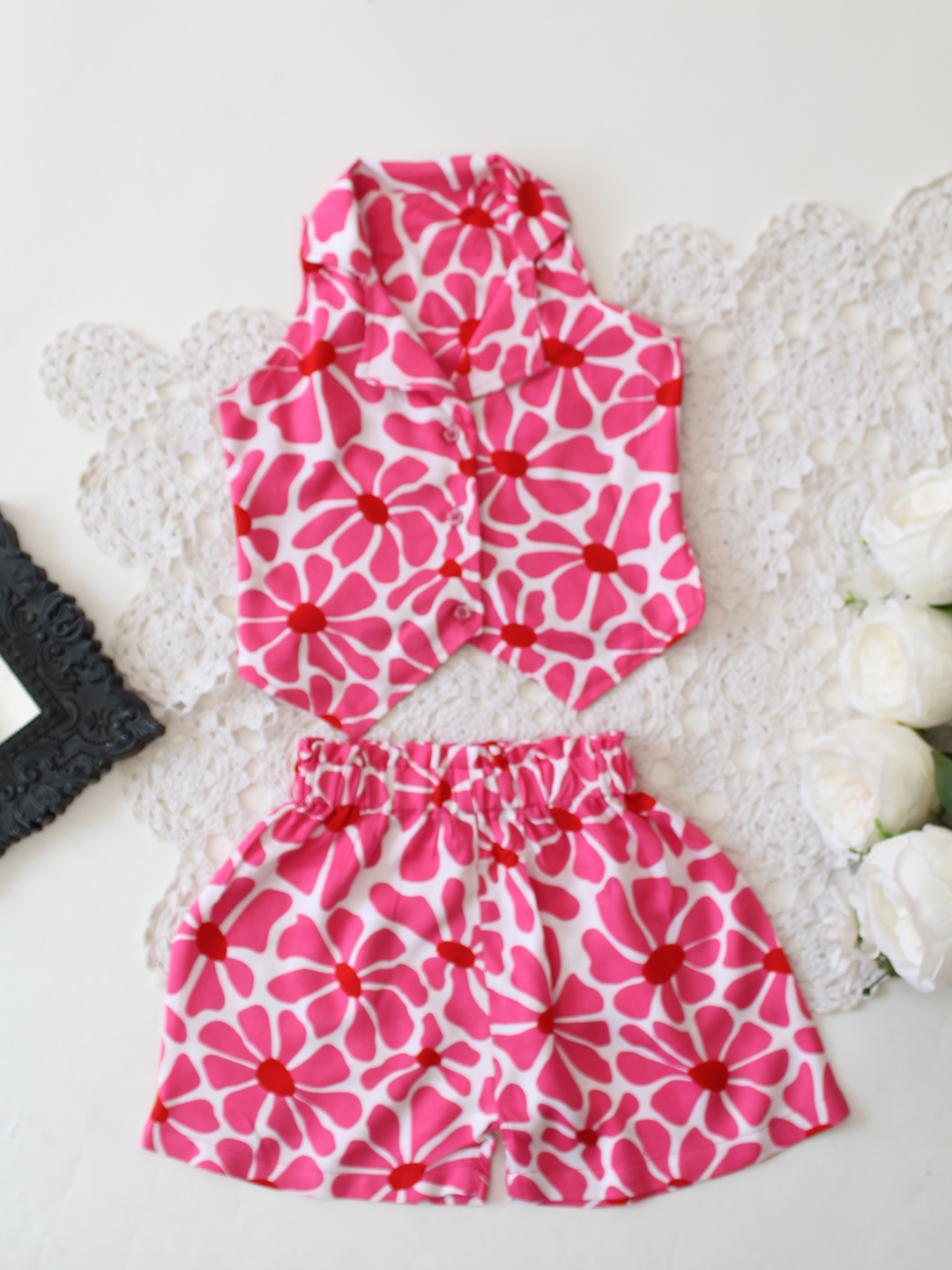 Qvink Cotton Sleeveless Floral Co-ord Set - Pink