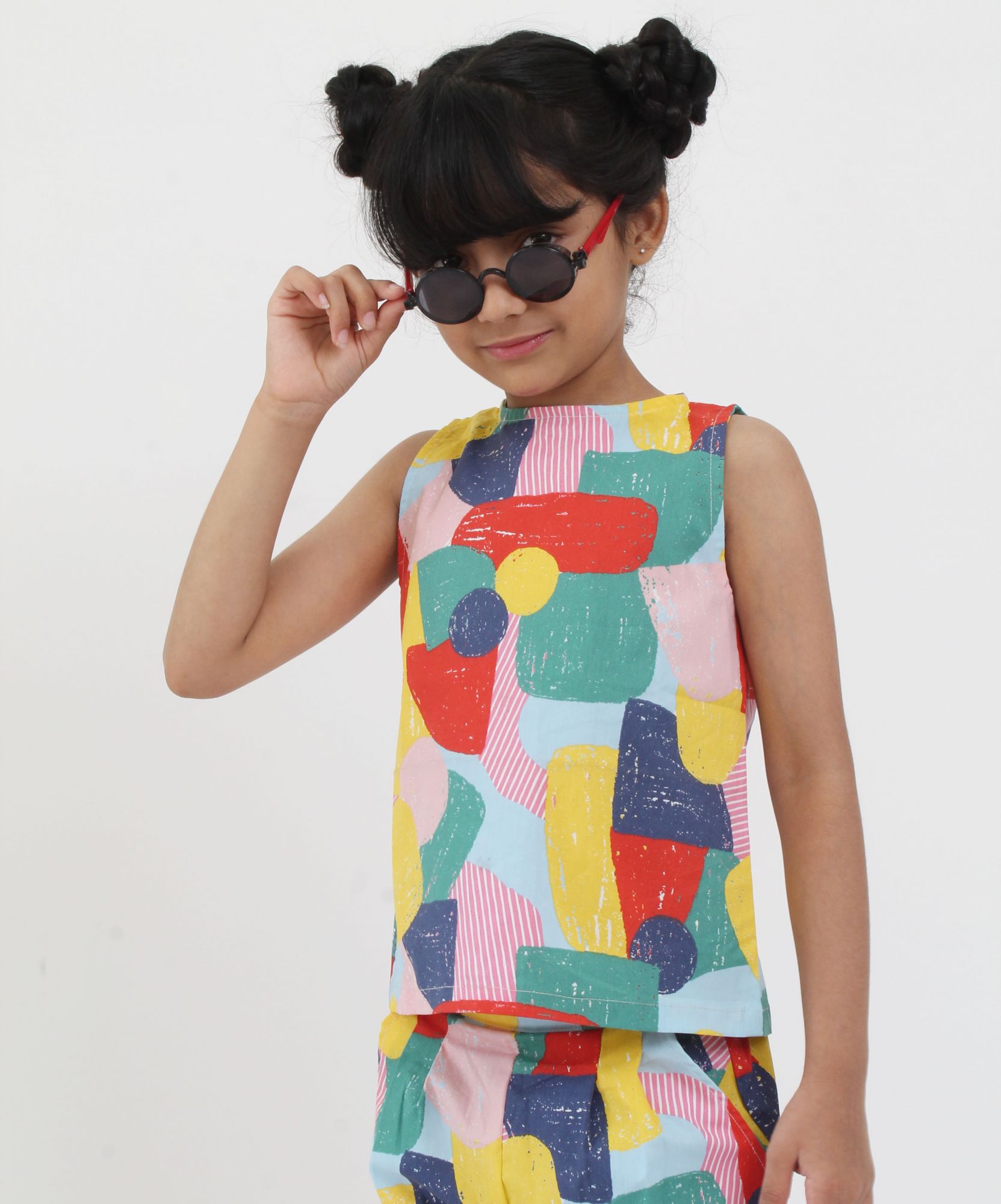 Qvink Sleeveless Block Printed Top With Bottom-Multi