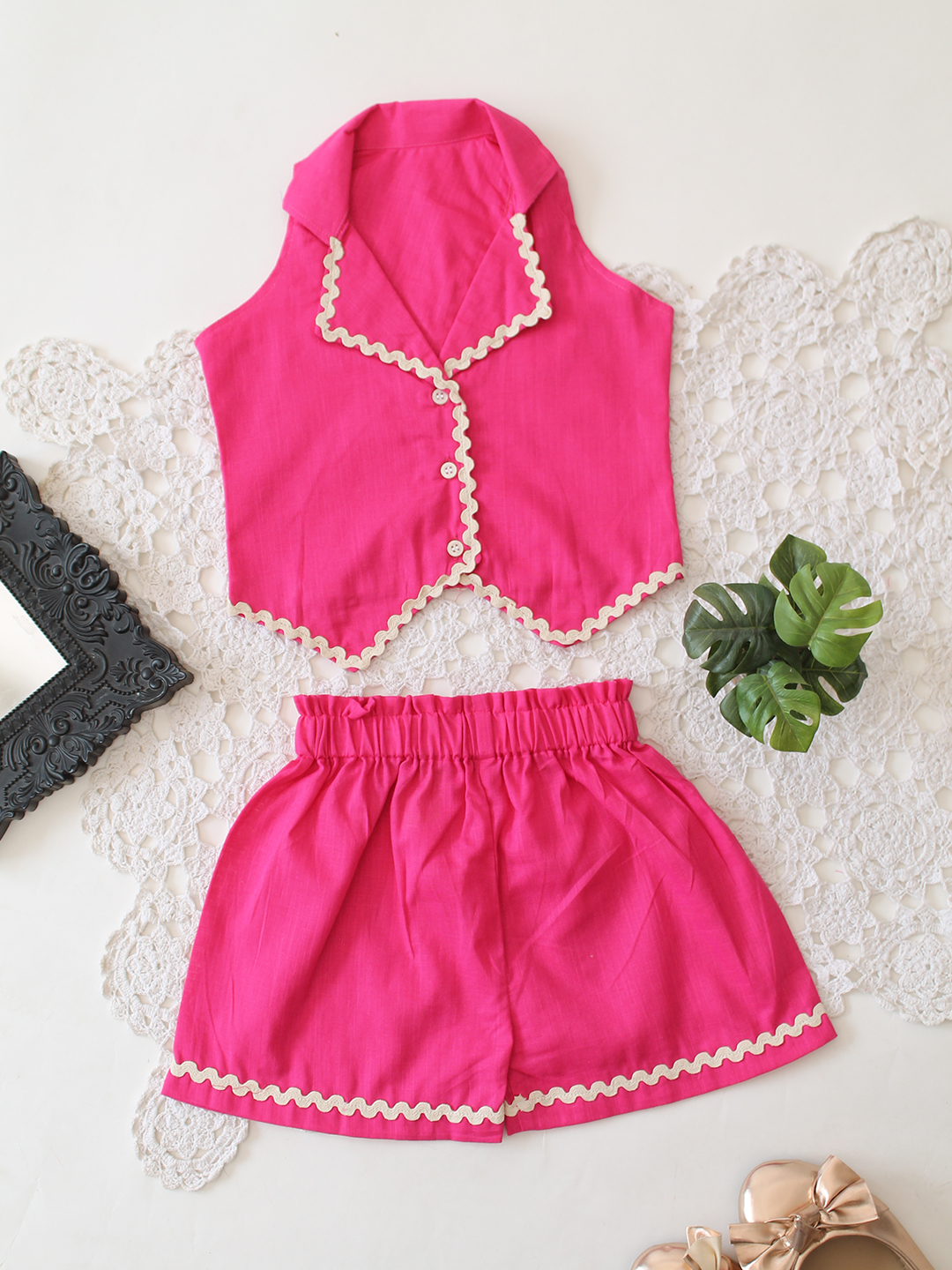 Qvink Cotton Sleeveless Lace Detailed Coordinated Set - Pink