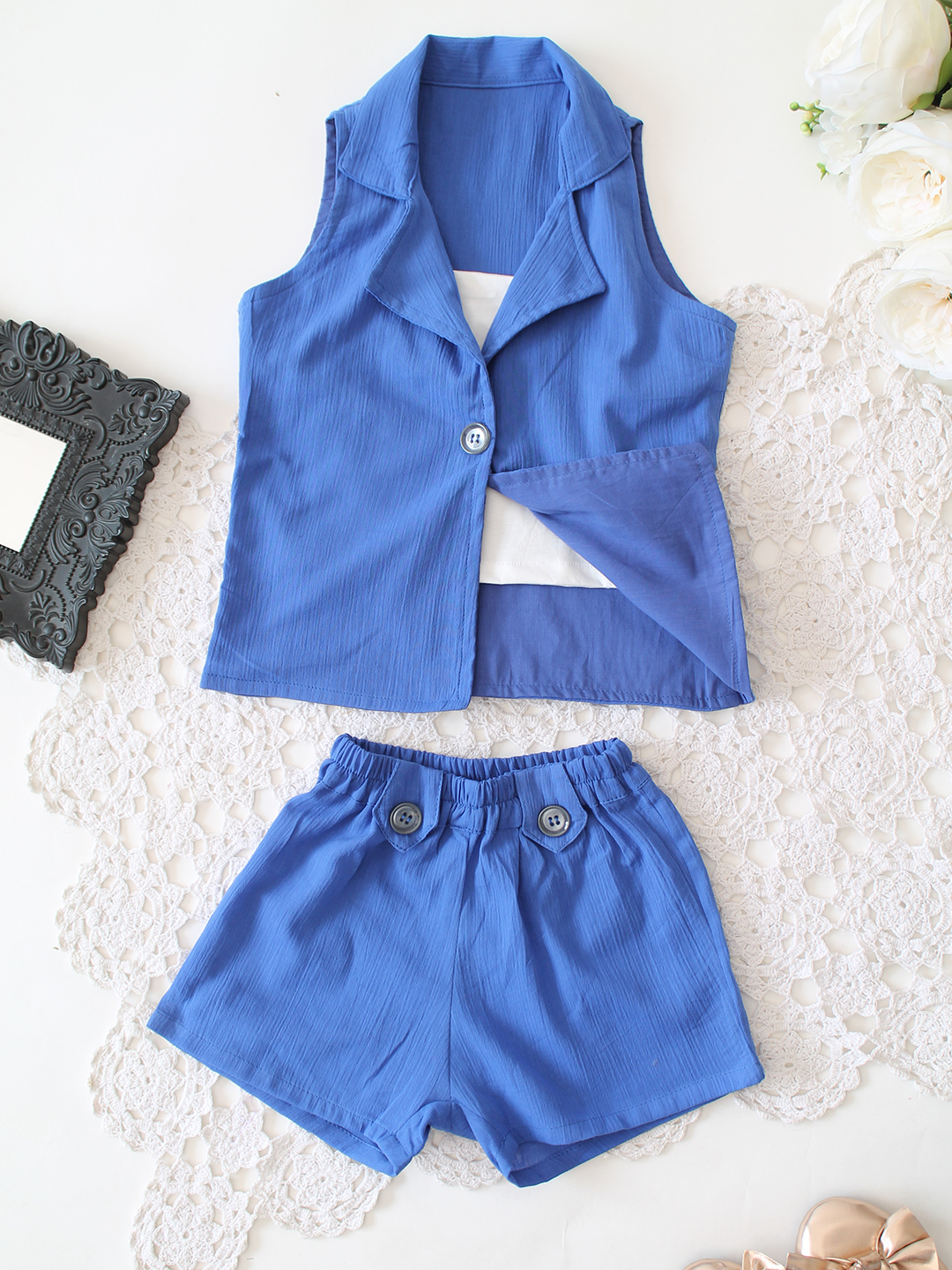 Qvink Cotton Sleeveless Coordinated Set - Blue