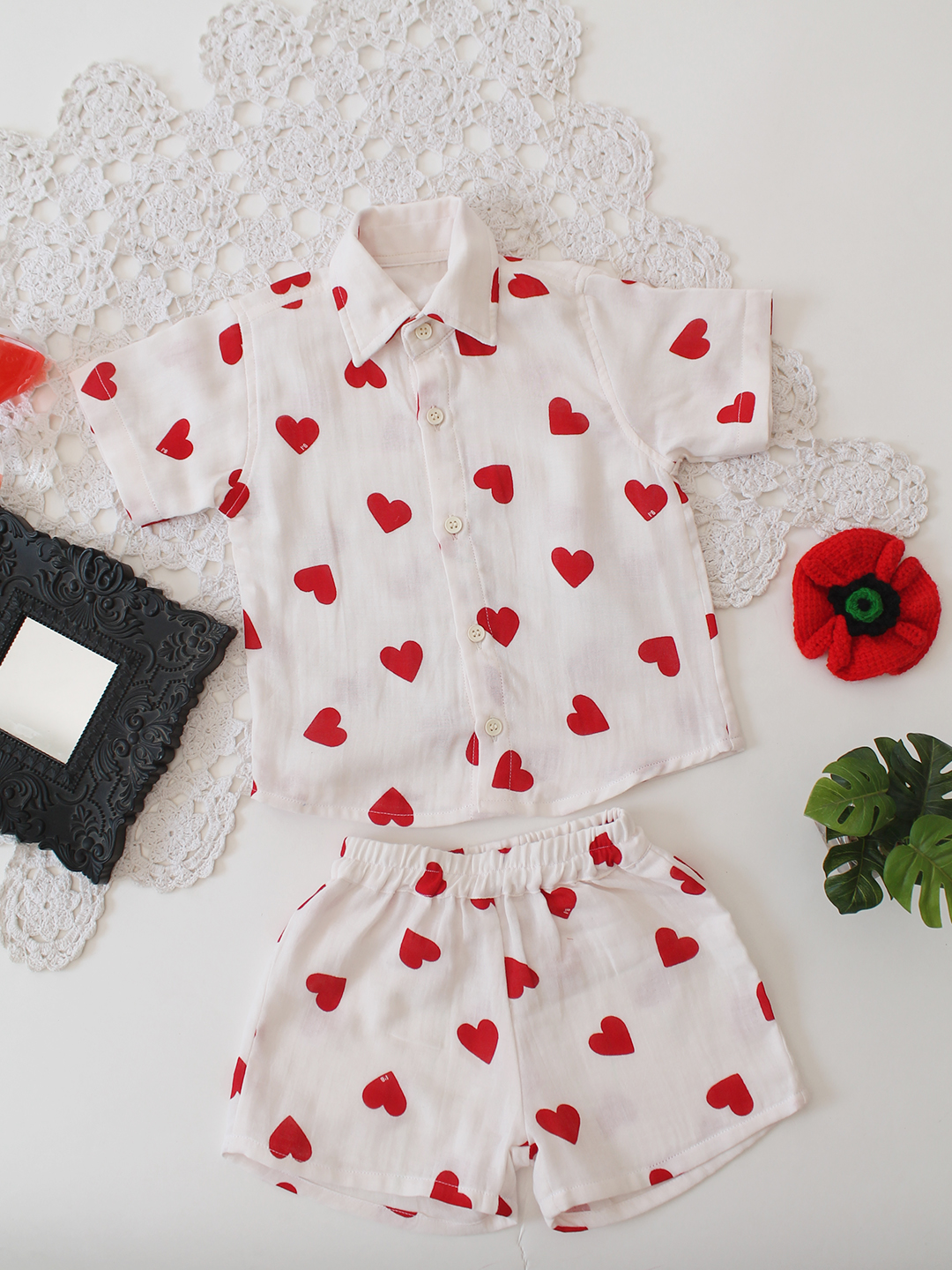 Qvink Cotton Half Sleeves Heart Printed  Coordinated Set - White