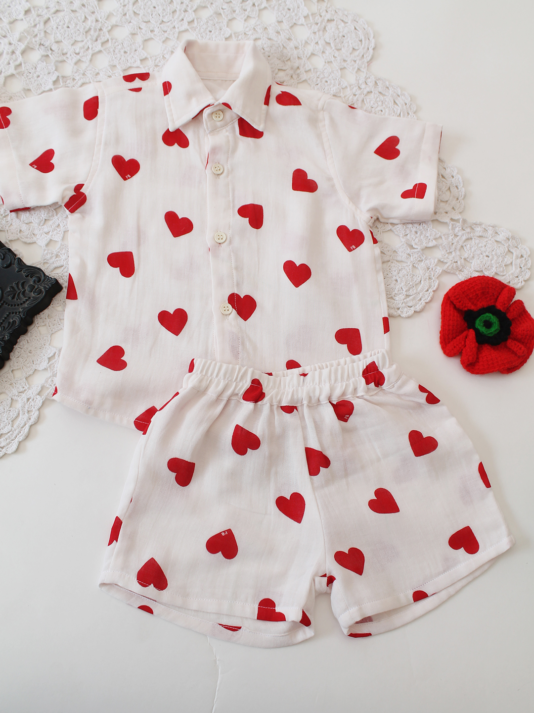 Qvink Cotton Half Sleeves Heart Printed  Coordinated Set - White