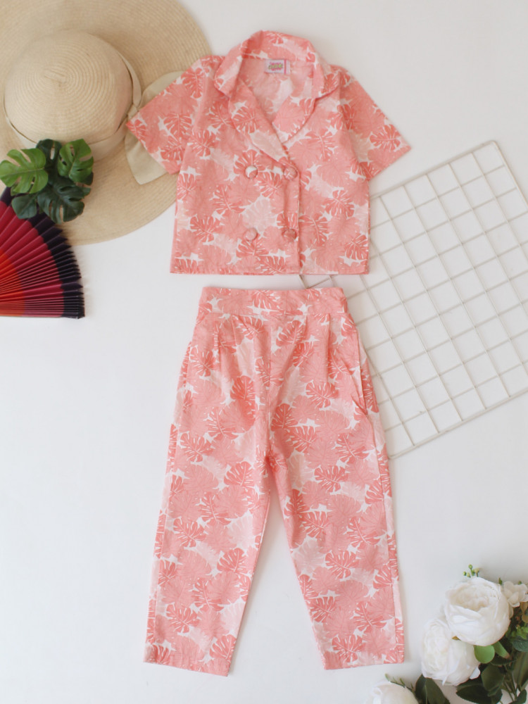 Image of Qvink Cotton Leaf Printed Co-Ord Set - Orange