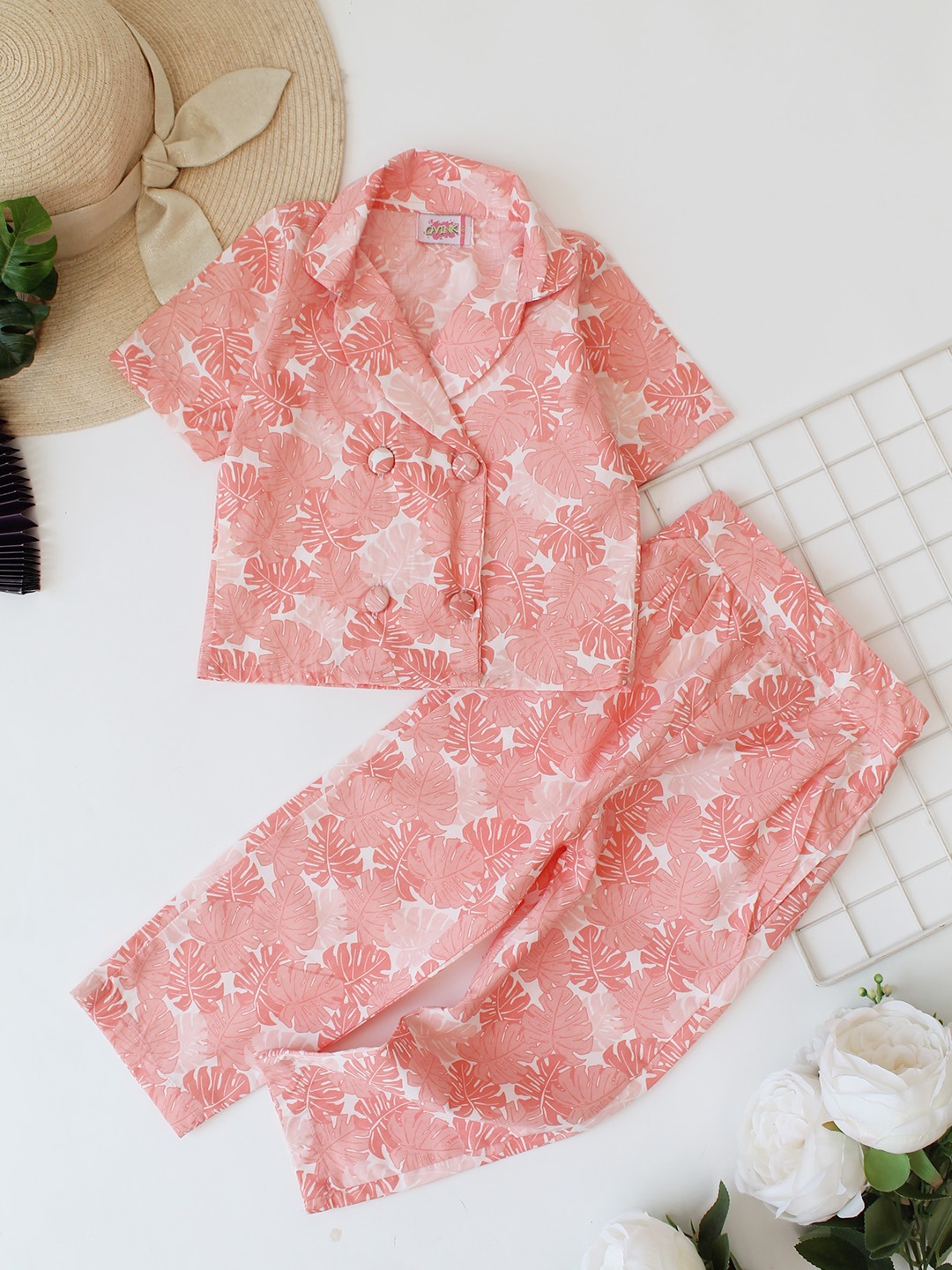 Qvink Cotton Leaf Printed Co-Ord Set - Orange