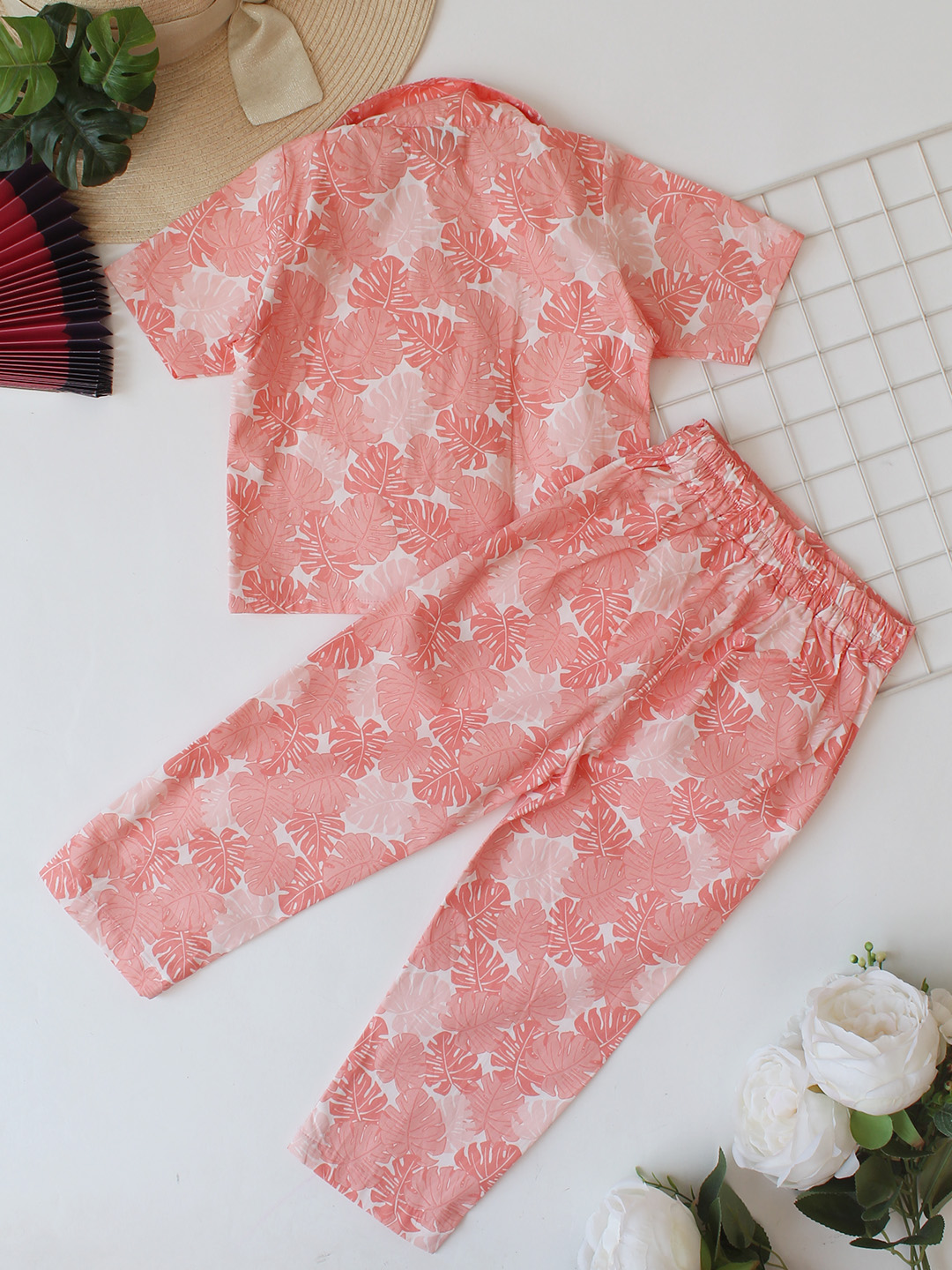 Qvink Cotton Leaf Printed Co-Ord Set - Orange