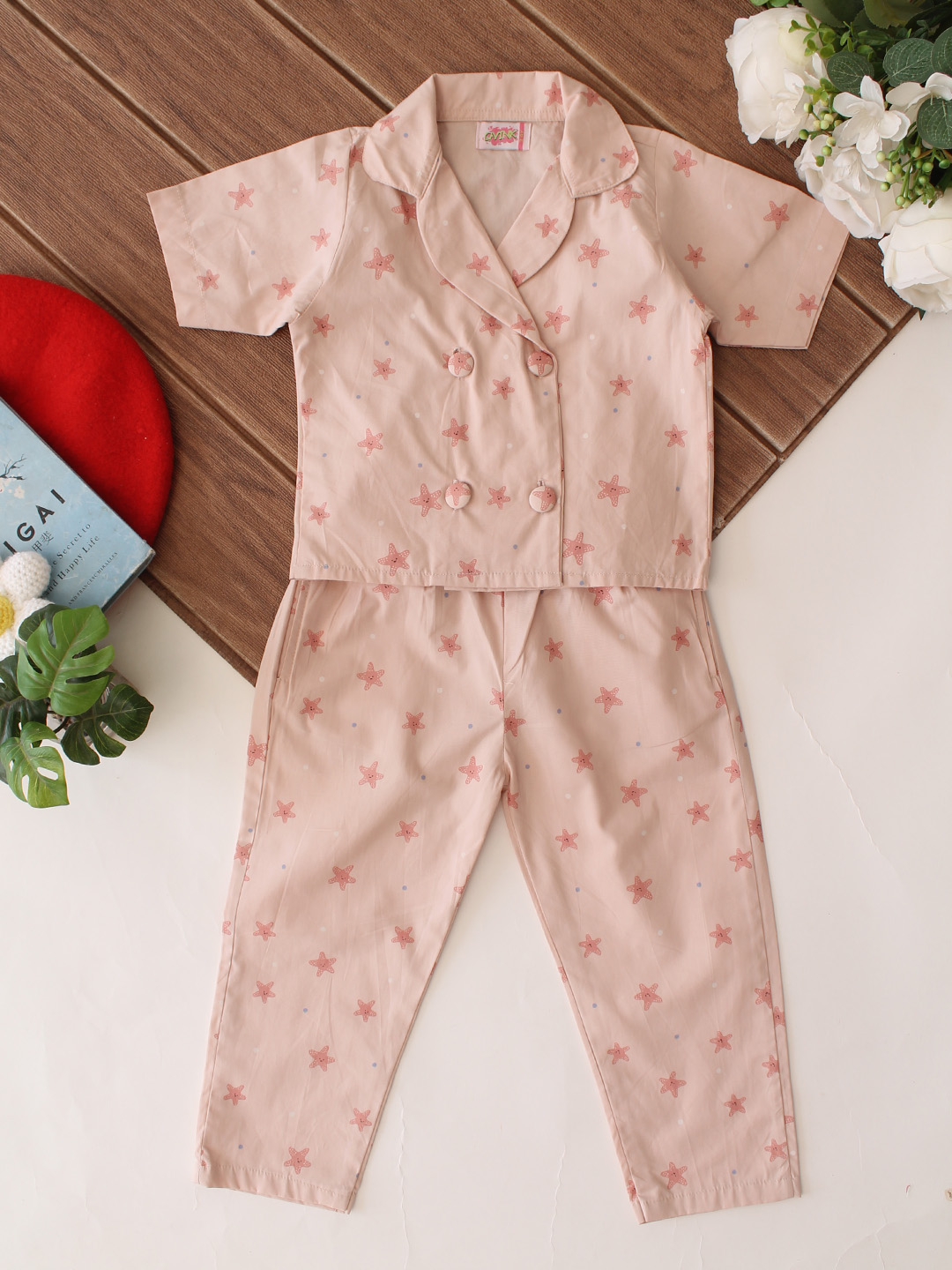 Qvink Cotton Star Printed Co-Ord Set - Beige