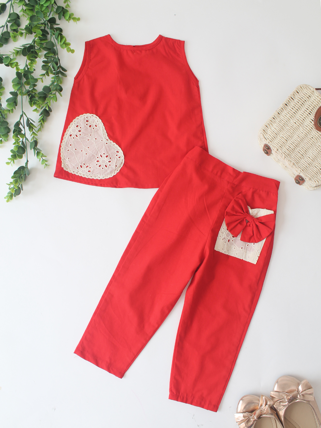 Qvink Cotton Heart Applique Co-Ord Set - Red