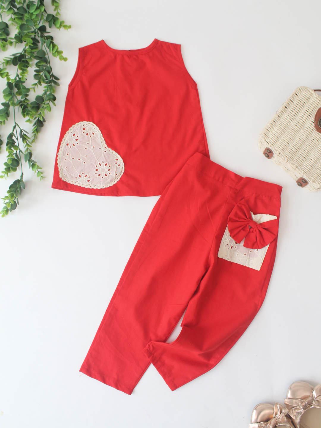 Qvink Cotton Heart Applique Co-Ord Set - Red