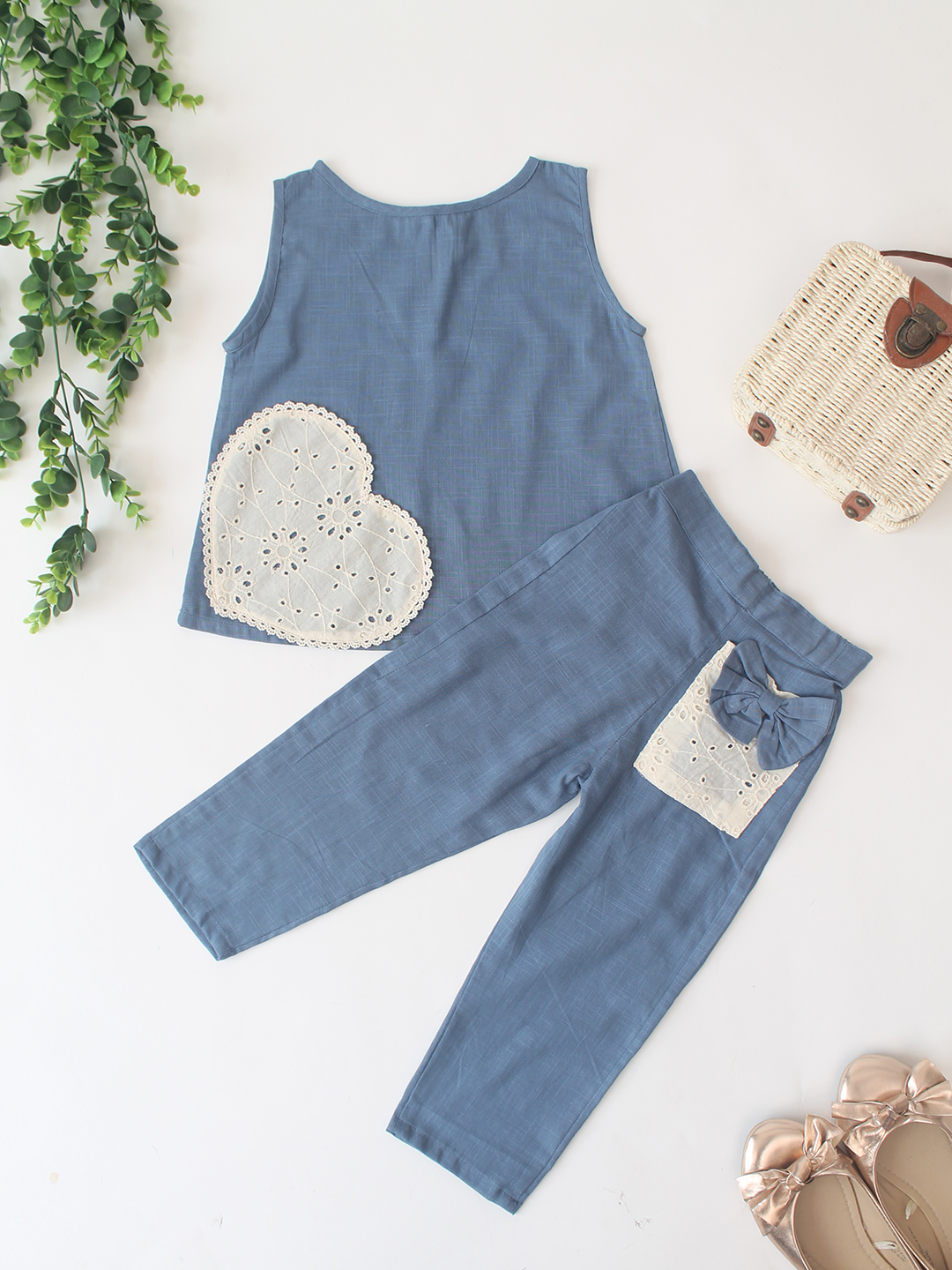 Qvink Cotton Heart Applique Co-Ord Set - Blue
