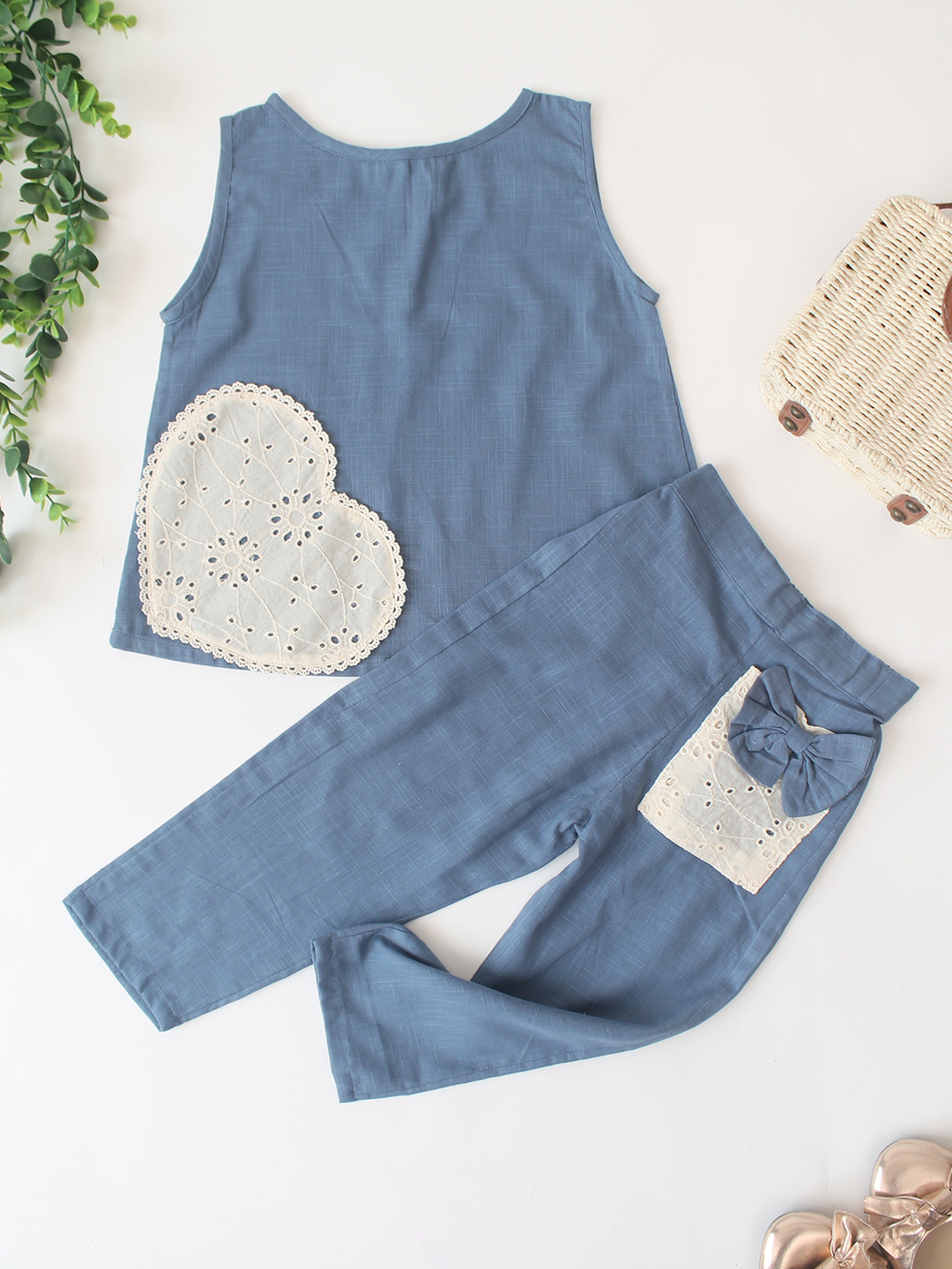 Qvink Cotton Heart Applique Co-Ord Set - Blue
