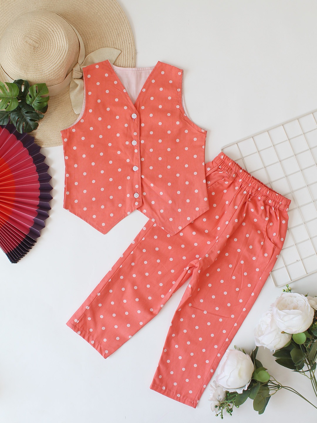 Qvink Cotton Polka Print Co-Ord Set - Orange
