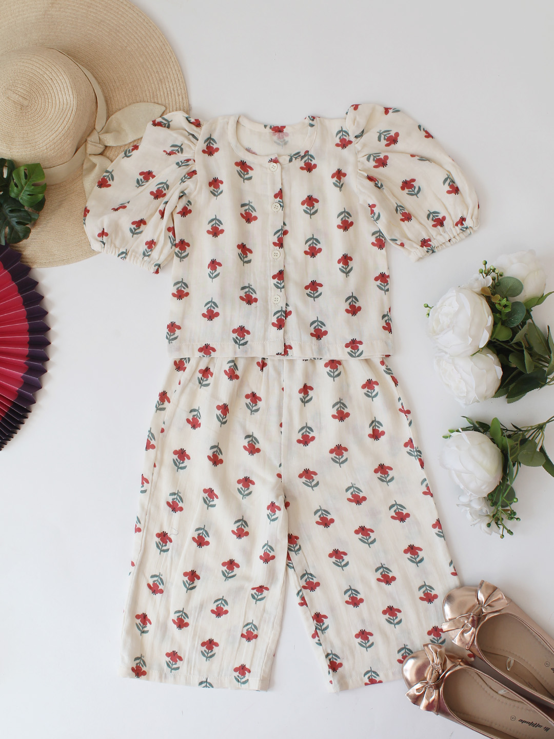 Qvink Cotton Floral Printed Co-Ord Set - Cream