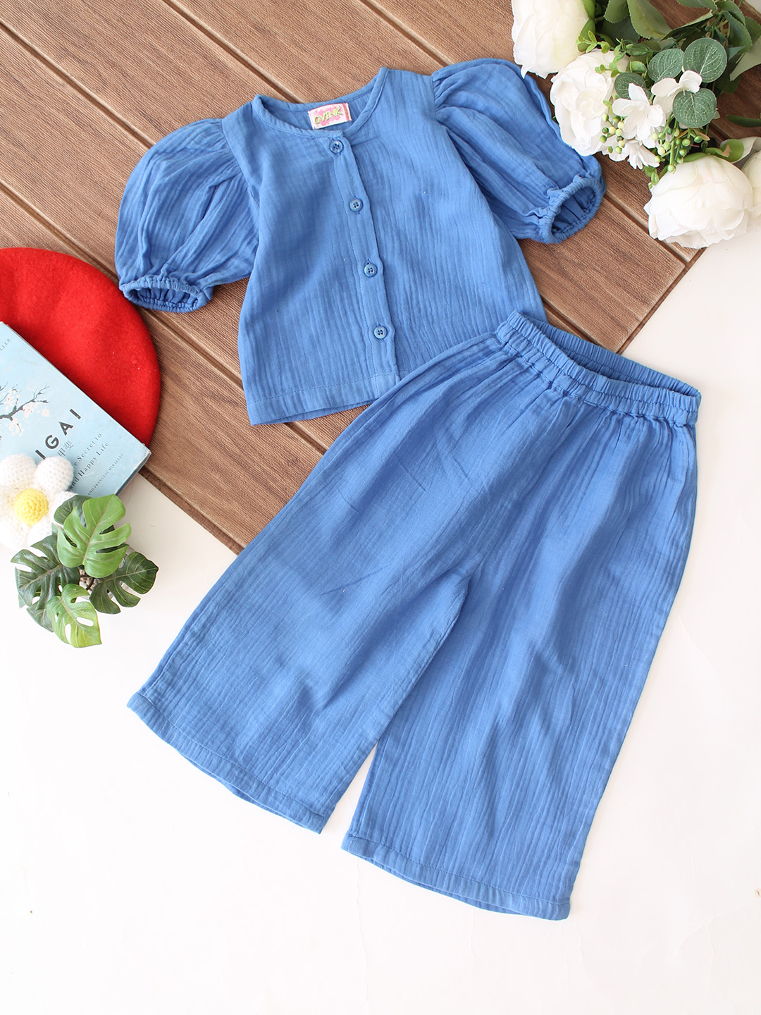 Qvink Puff Sleeves Coordinating Top & Pant Set - Blue