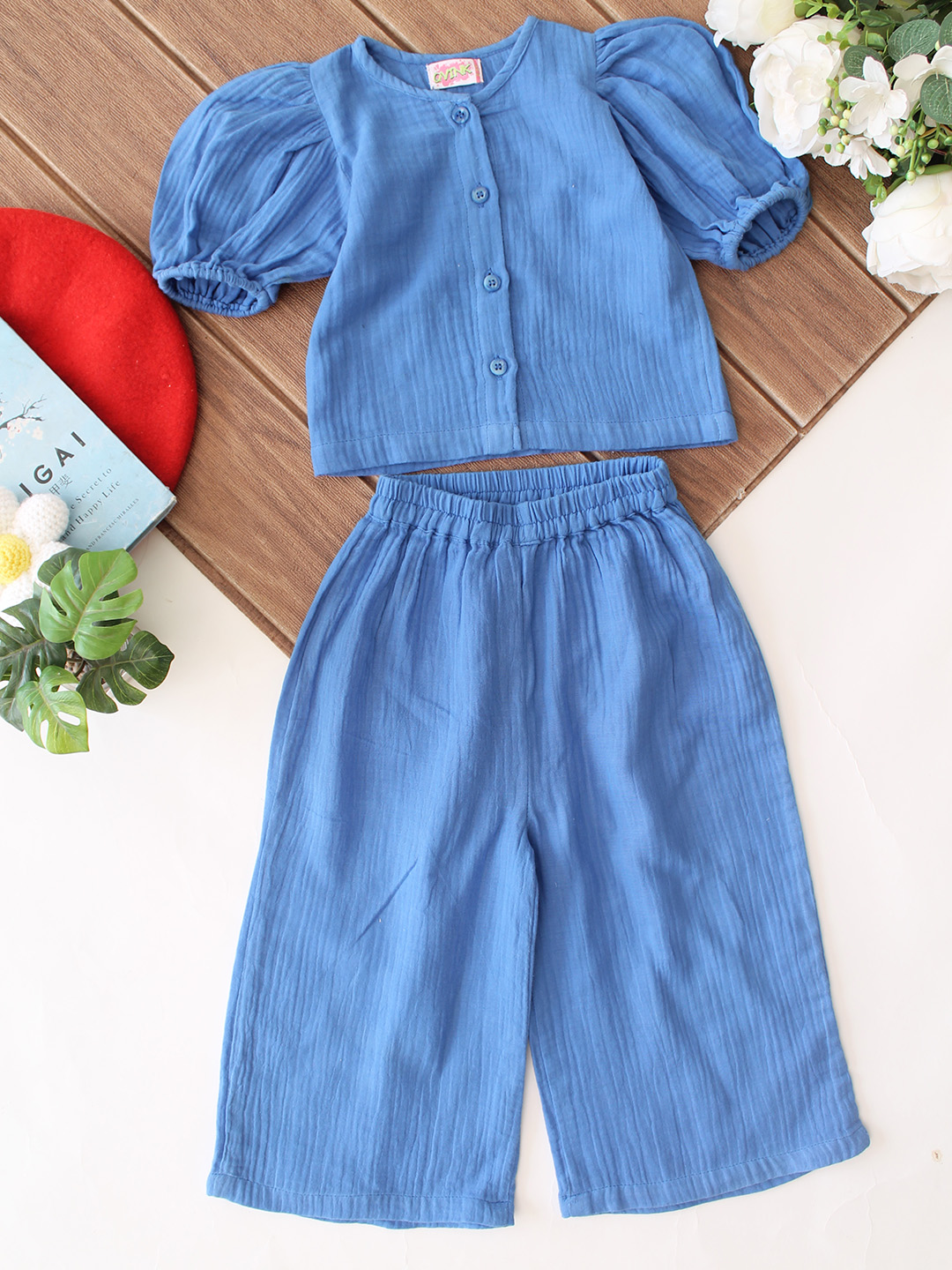 Qvink Puff Sleeves Coordinating Top & Pant Set - Blue