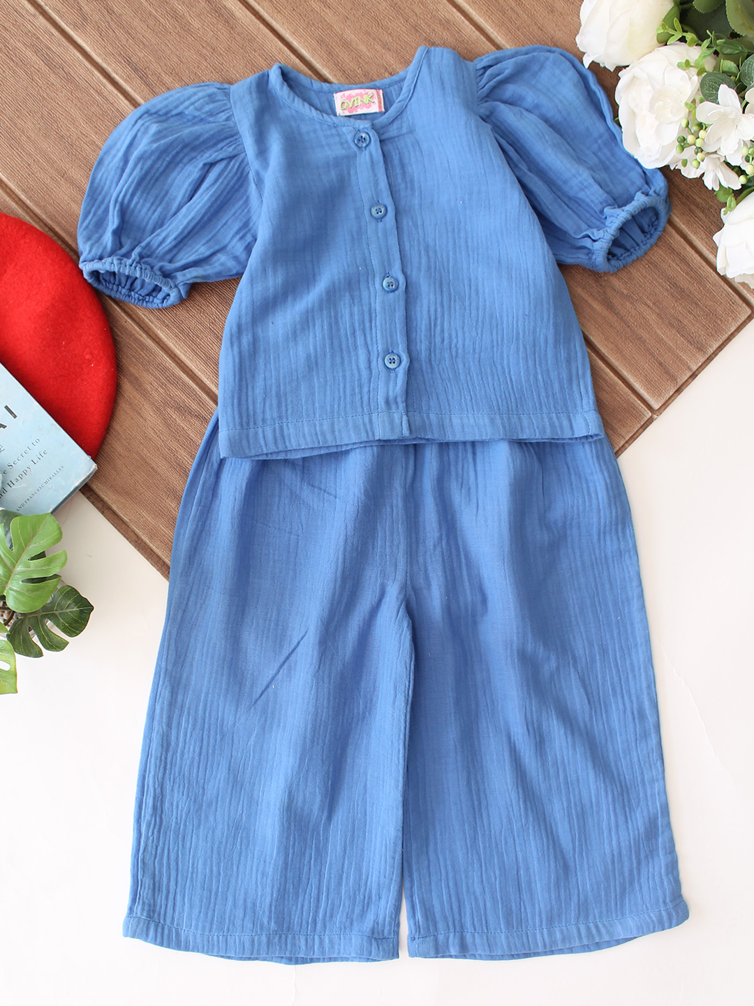 Qvink Puff Sleeves Coordinating Top & Pant Set - Blue