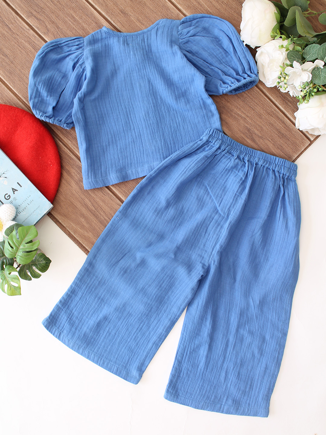 Qvink Puff Sleeves Coordinating Top & Pant Set - Blue