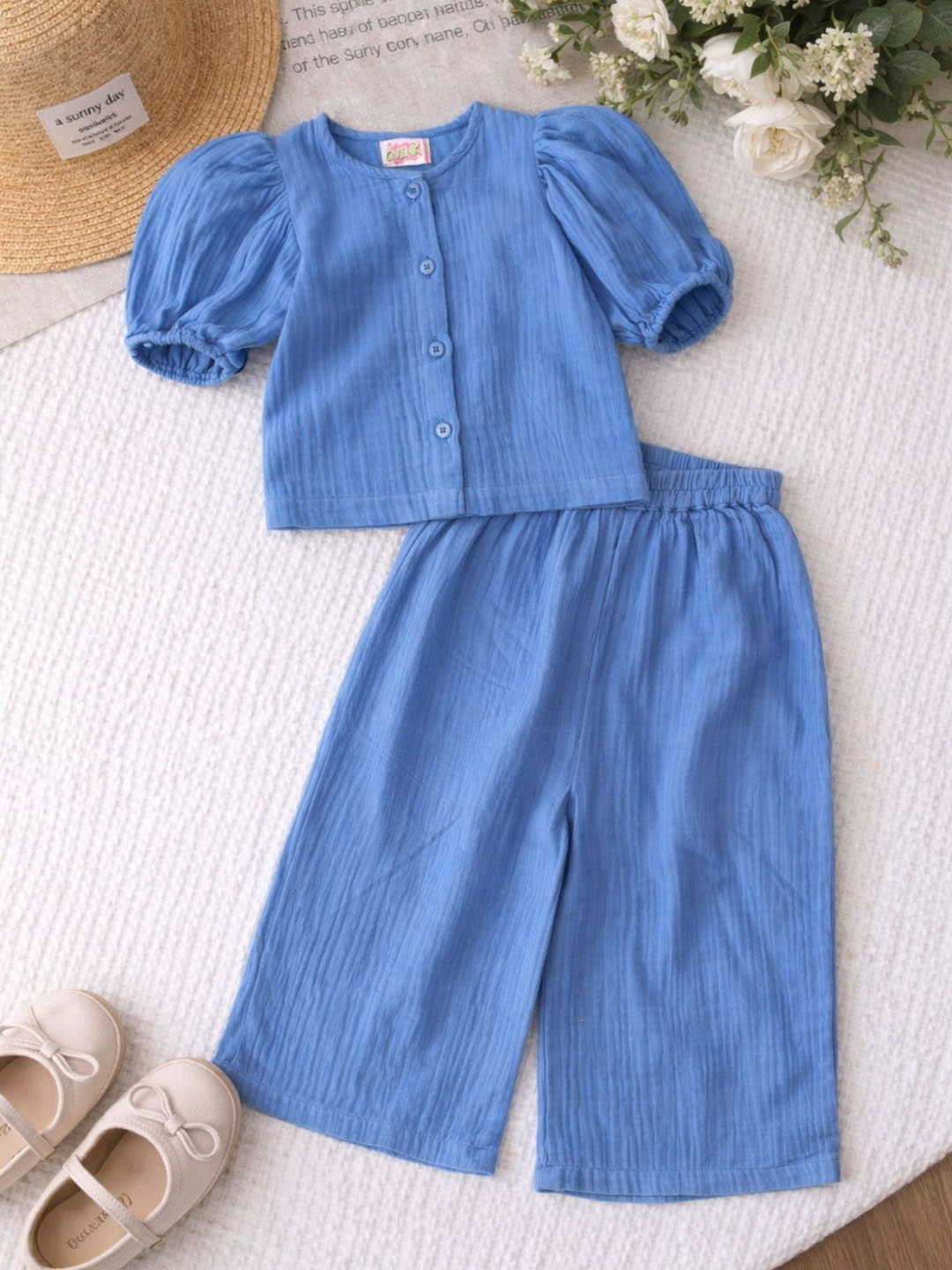 Qvink Puff Sleeves Coordinating Top & Pant Set - Blue