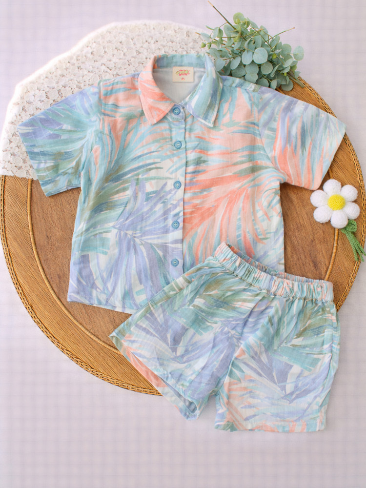 Image of Qvink Half Sleeves Printed Coordinating Shirt &amp; Shorts Set - Multicolor