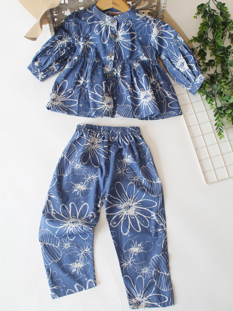 Image of Qvink Full Sleeves Floral Printed Coordinating Top &amp; Pant Set - Blue