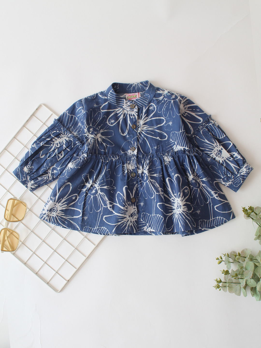 Qvink Full Sleeves Floral Printed Coordinating Top & Pant Set - Blue