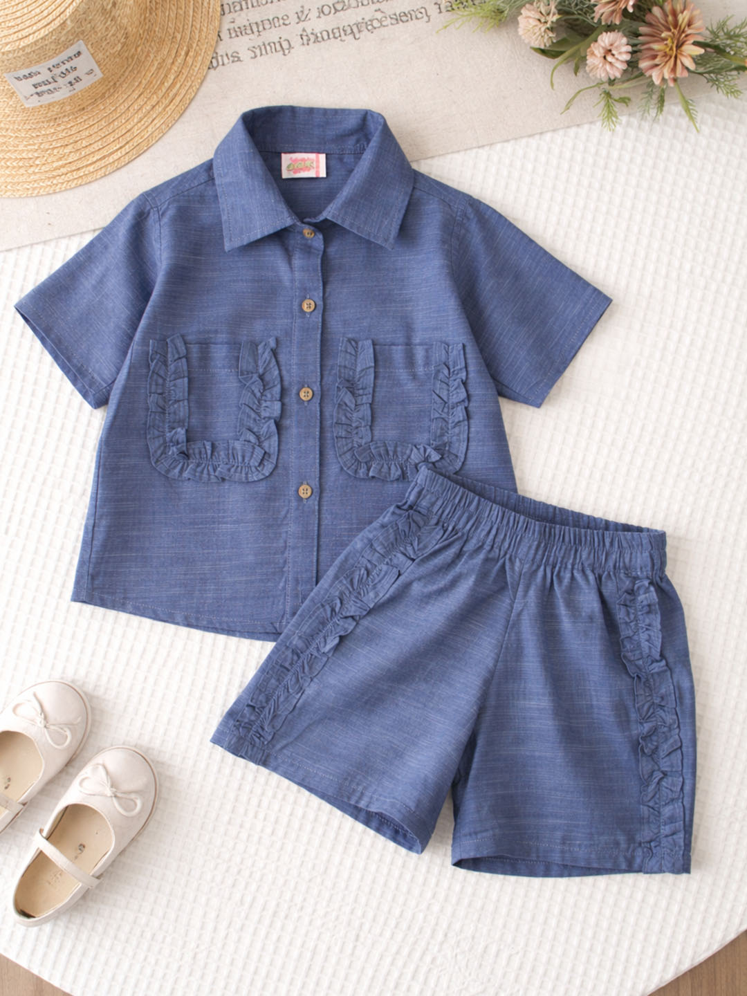 Qvink Half Sleeves Pocket Detalied Coordinating Shirt & Shorts Set - Blue