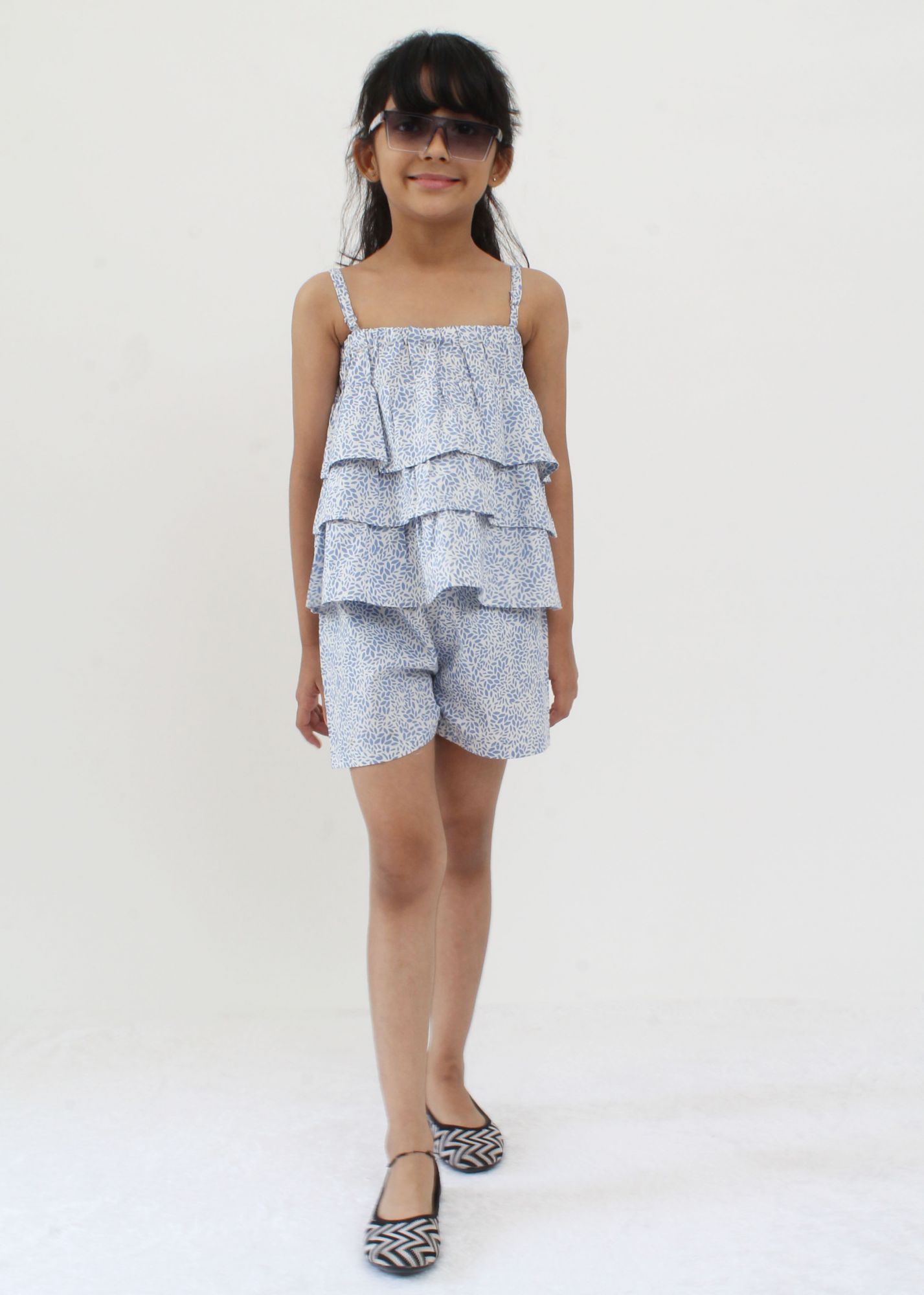 Qvink Strapy Frill Top & Shorts With Elasticated Waist-Blue
