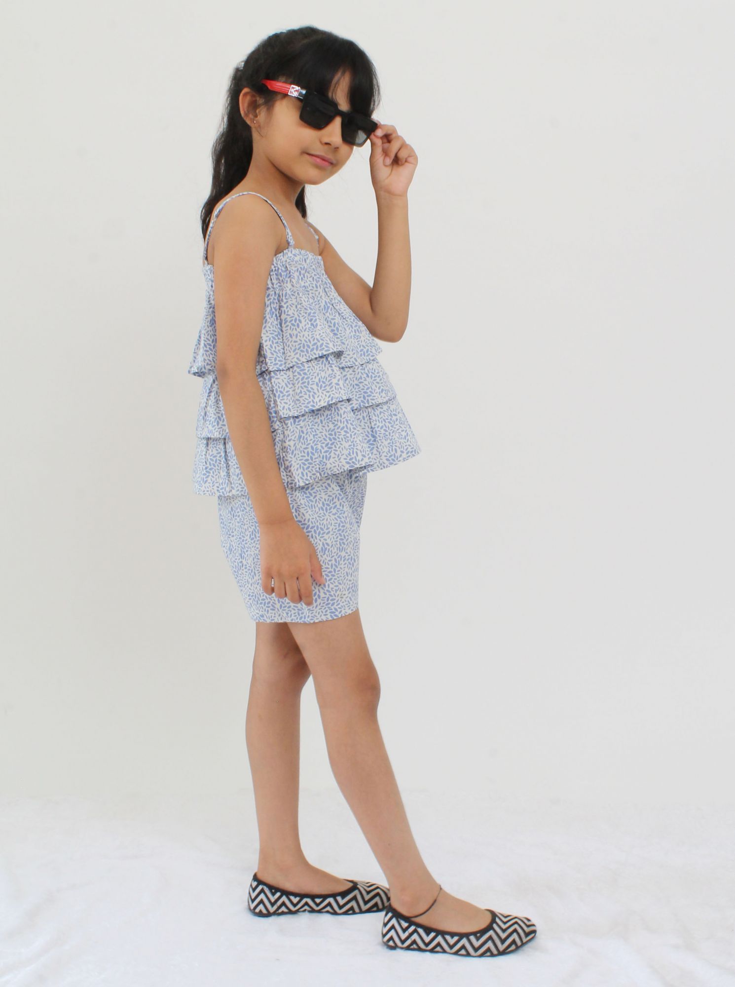 Qvink Strapy Frill Top & Shorts With Elasticated Waist-Blue