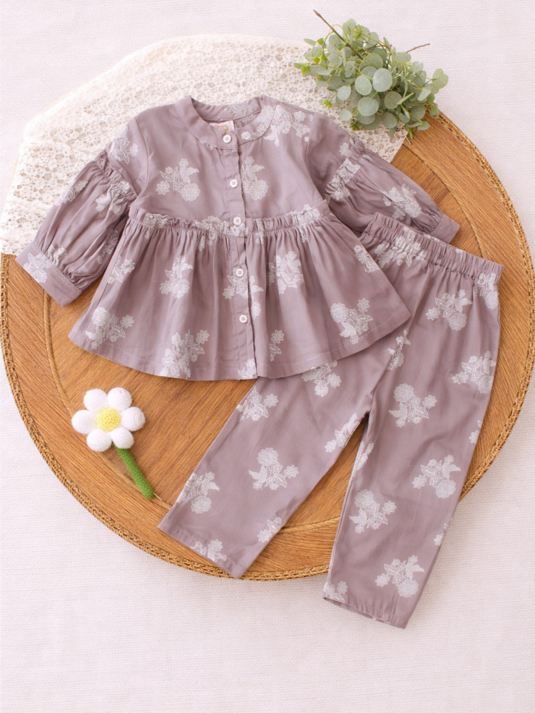 Image of Qvink Full Sleeves Floral Printed Coordinating Top &amp; Pant Set - Light Grey