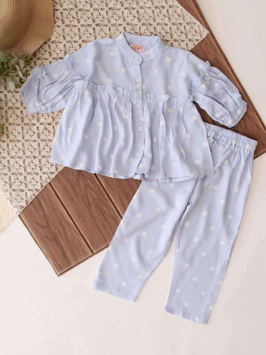 Qvink Full Sleeves Polka Print Coordinating Top & Pant Set - Sky Blue