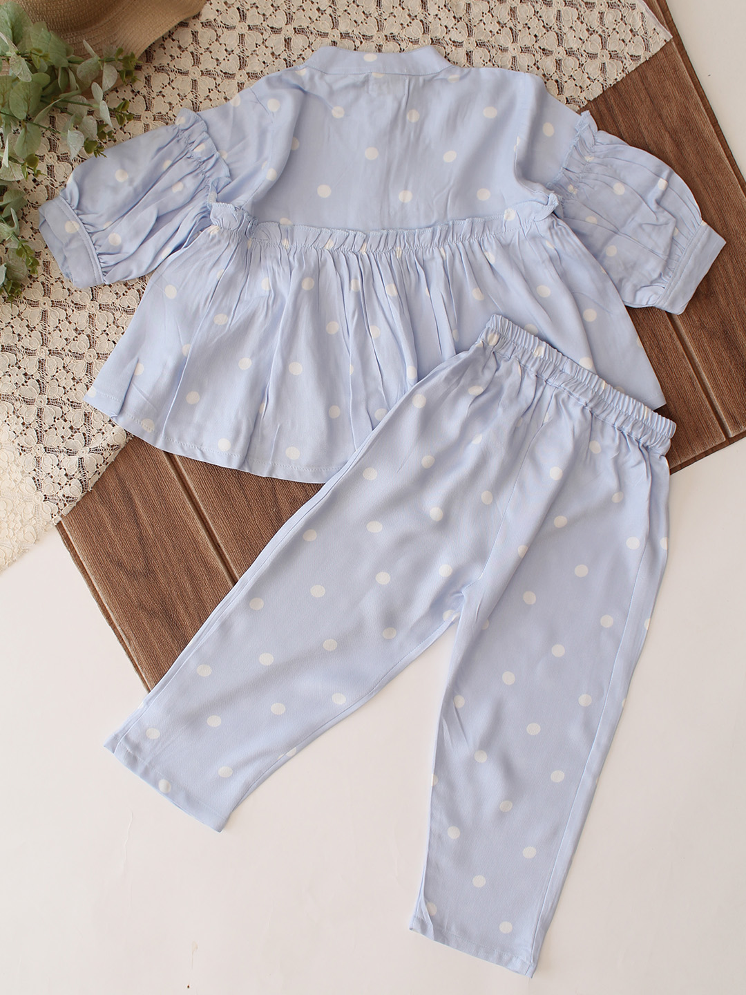 Qvink Full Sleeves Polka Print Coordinating Top & Pant Set - Sky Blue