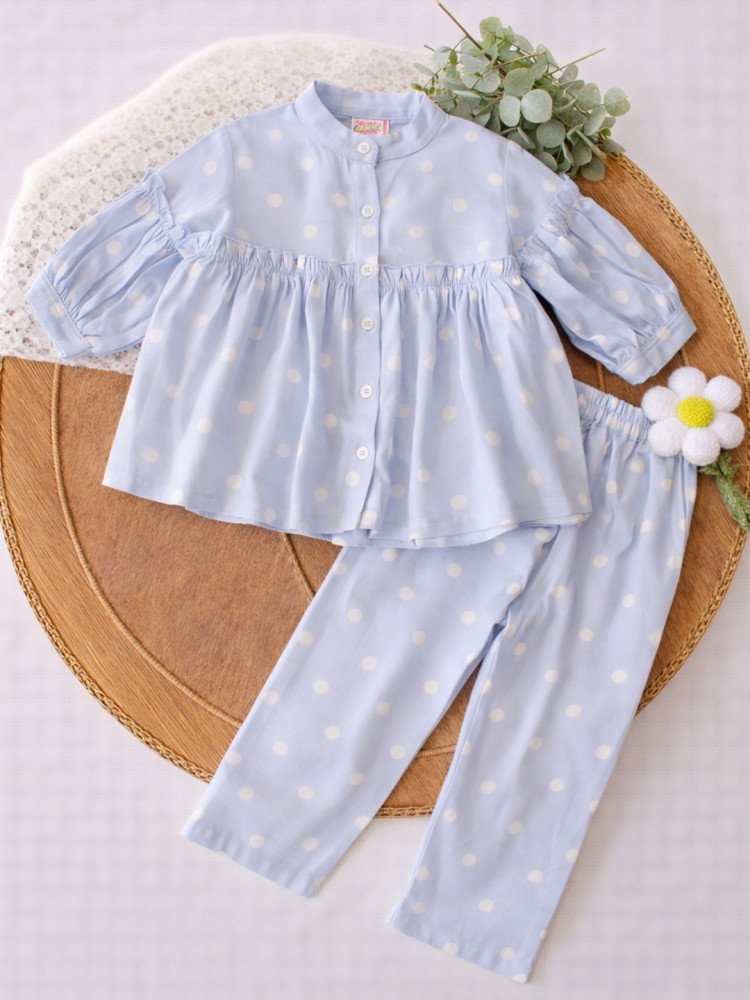 Image of Qvink Full Sleeves Polka Print Coordinating Top &amp; Pant Set - Sky Blue