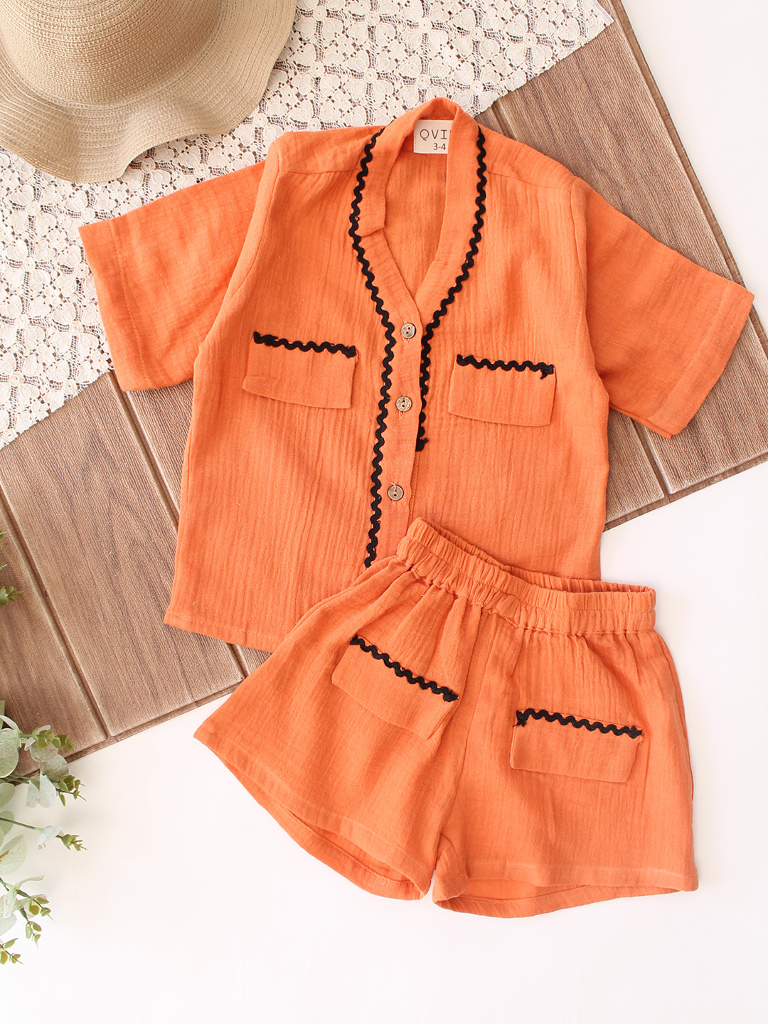 Qvink Half Sleeves Lace Detailed Coordinating Shirt & Shorts Set - Orange
