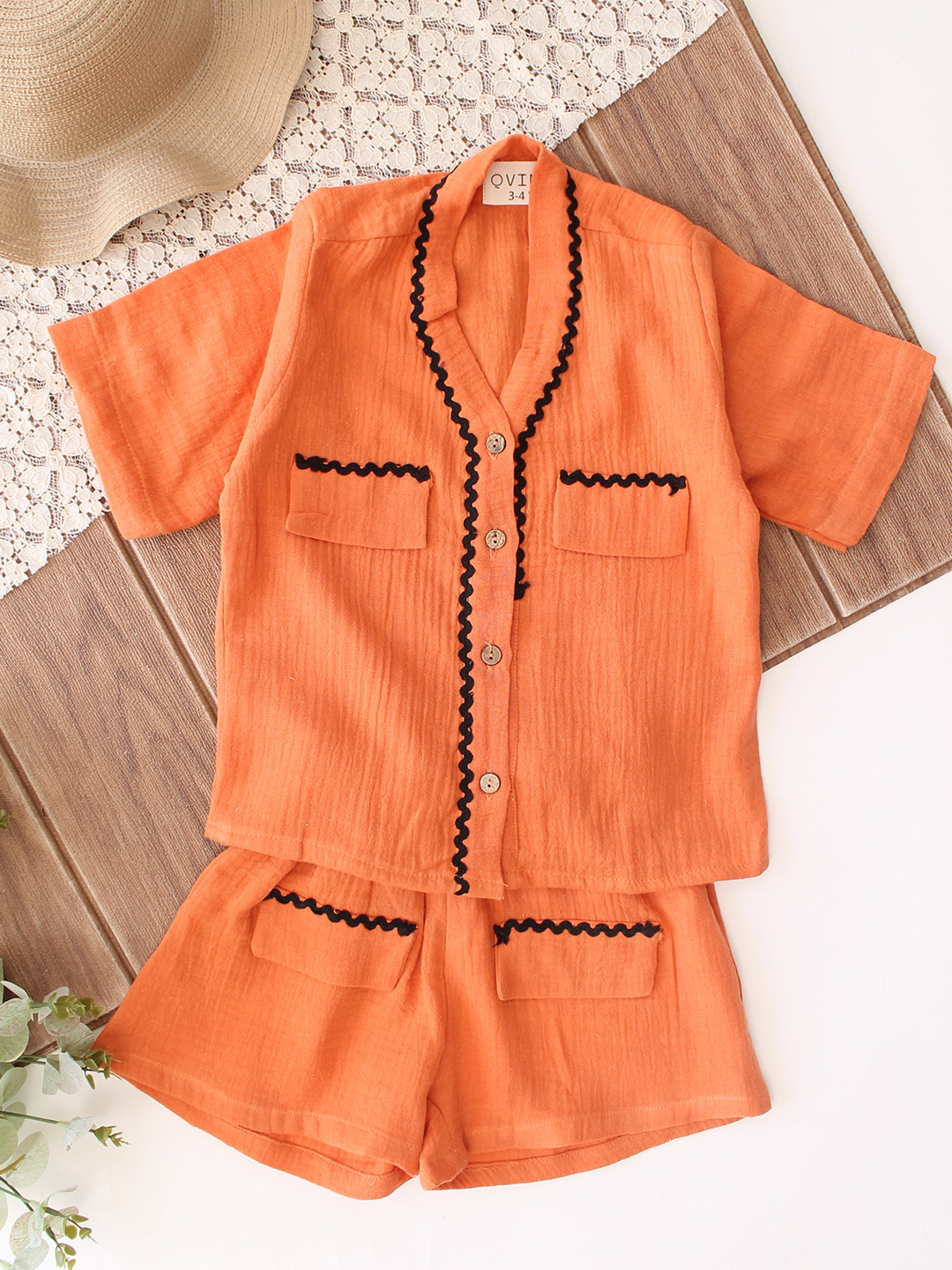 Qvink Half Sleeves Lace Detailed Coordinating Shirt & Shorts Set - Orange