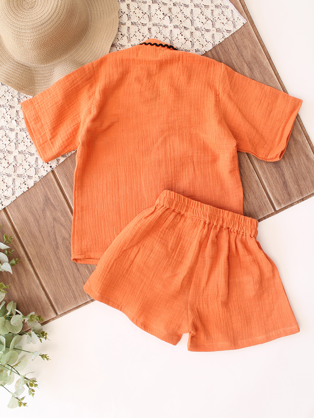 Qvink Half Sleeves Lace Detailed Coordinating Shirt & Shorts Set - Orange